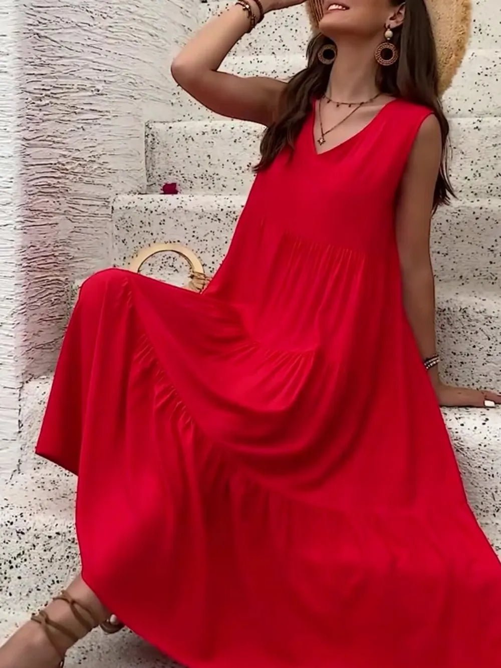 Tiered V - Neck Sleeveless Dress - MAD RUFFI