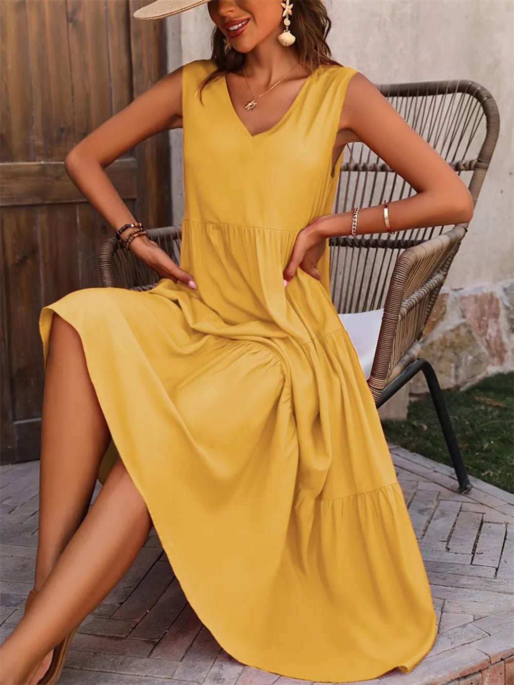 Tiered V - Neck Sleeveless Dress - MAD RUFFI