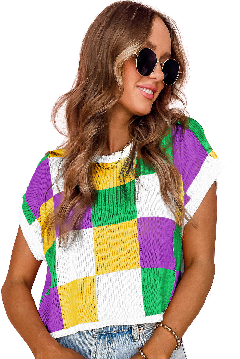 Tillandsia Purple Checkered Color Block Cap Sleeve Mardi Gras Knitted Top - MAD RUFFI