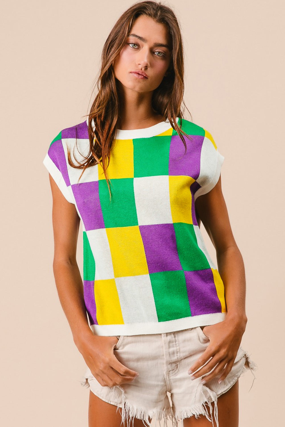 Tillandsia Purple Checkered Color Block Cap Sleeve Mardi Gras Knitted Top - MAD RUFFI