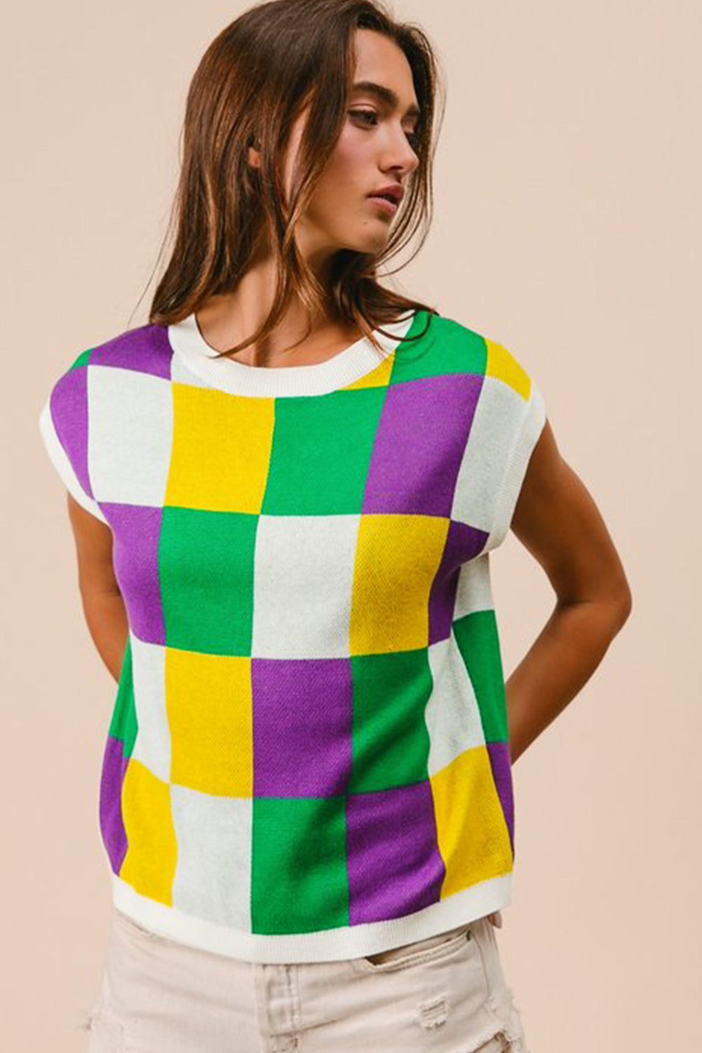 Tillandsia Purple Checkered Color Block Cap Sleeve Mardi Gras Knitted Top - MAD RUFFI