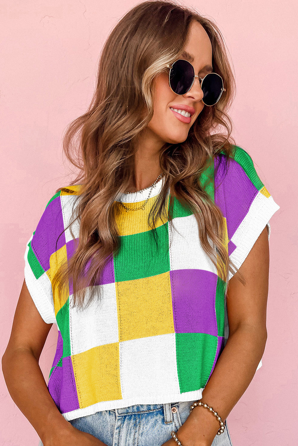 Tillandsia Purple Checkered Color Block Cap Sleeve Mardi Gras Knitted Top - MAD RUFFI