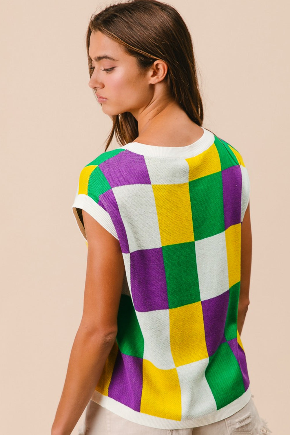 Tillandsia Purple Checkered Color Block Cap Sleeve Mardi Gras Knitted Top - MAD RUFFI