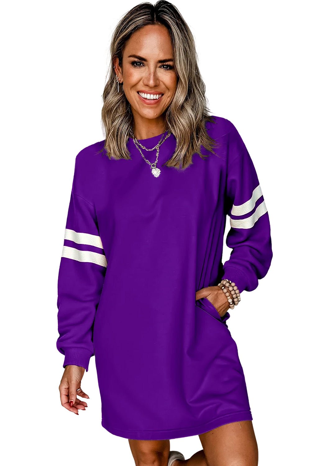 Tillandsia Purple Preppy Striped Sleeve Loose Mini Dress - MAD RUFFI