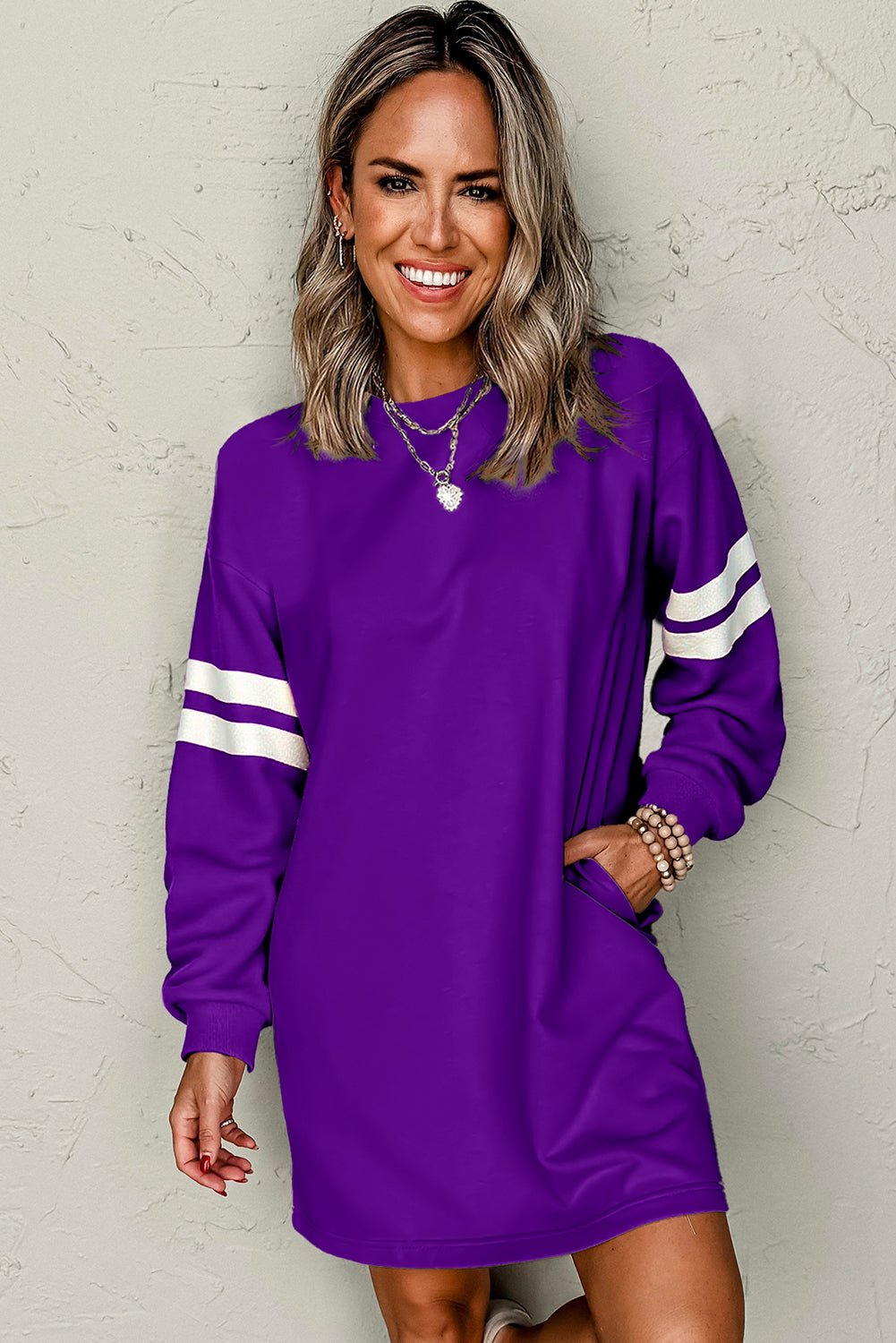 Tillandsia Purple Preppy Striped Sleeve Loose Mini Dress - MAD RUFFI