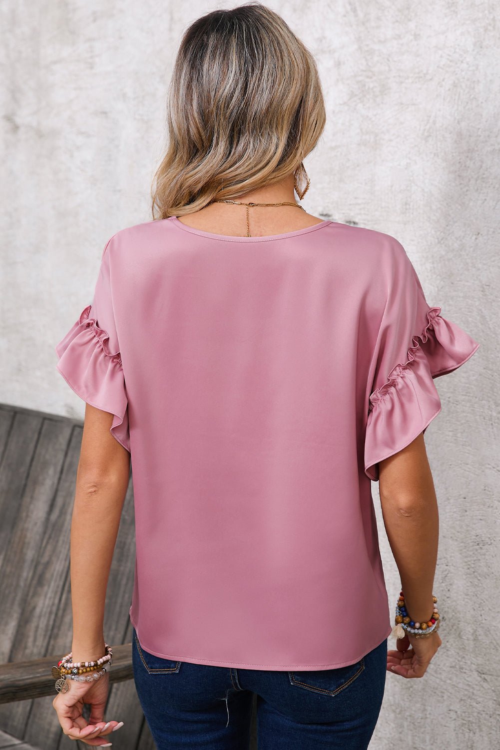 Toadstool Satin Ruffle Sleeve V Neck Blouse - MAD RUFFI
