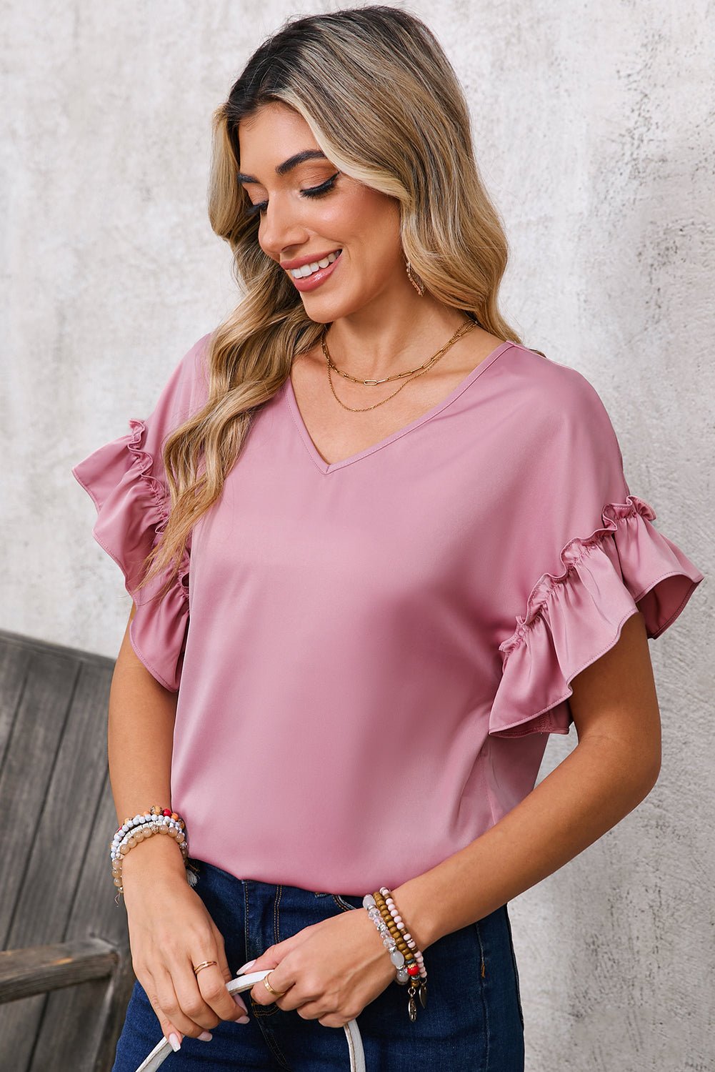 Toadstool Satin Ruffle Sleeve V Neck Blouse - MAD RUFFI