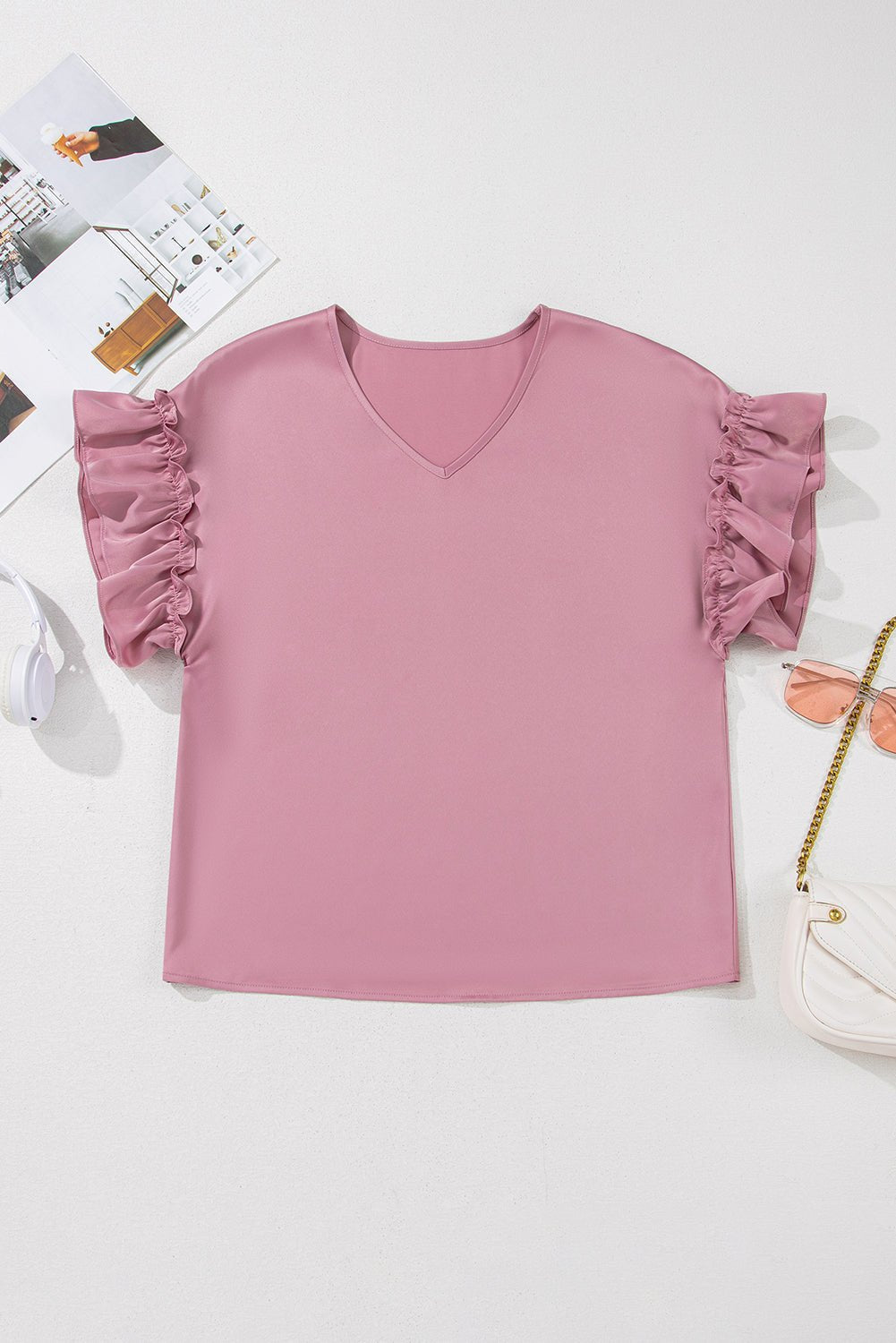 Toadstool Satin Ruffle Sleeve V Neck Blouse - MAD RUFFI