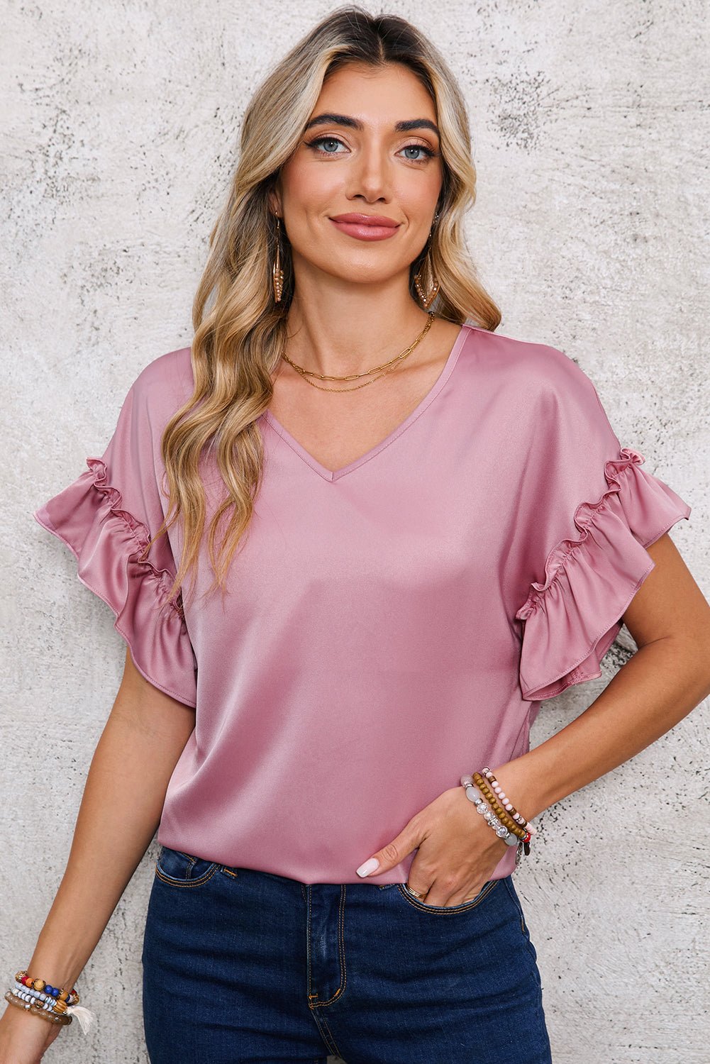 Toadstool Satin Ruffle Sleeve V Neck Blouse - MAD RUFFI