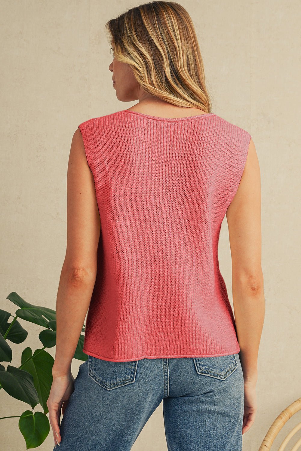 Tomato Red Lace - up Front V Neck Knit Vest - MAD RUFFI