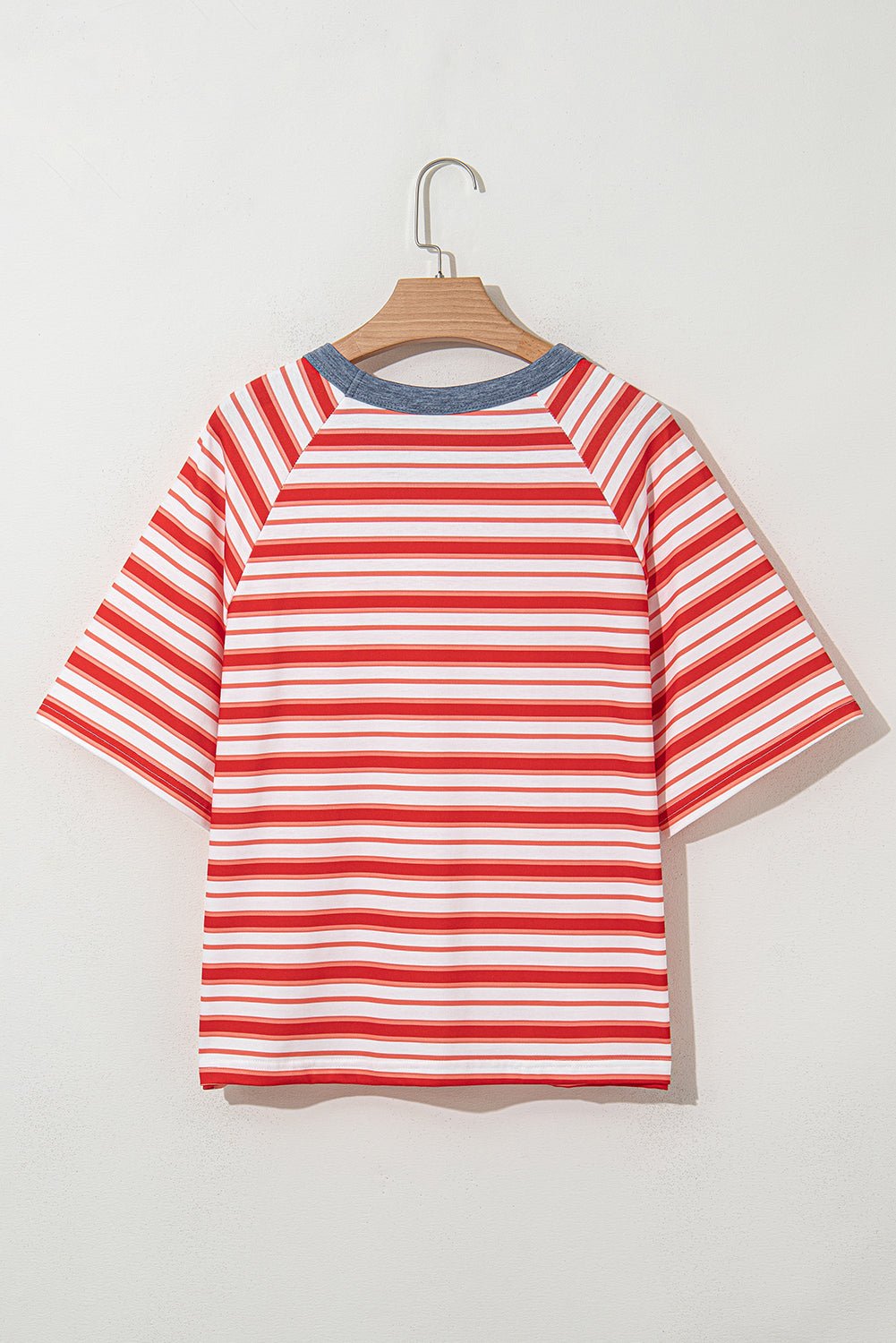 Tomato Red Striped Raglan Sleeve Contrast Neck T-Shirt - MAD RUFFI