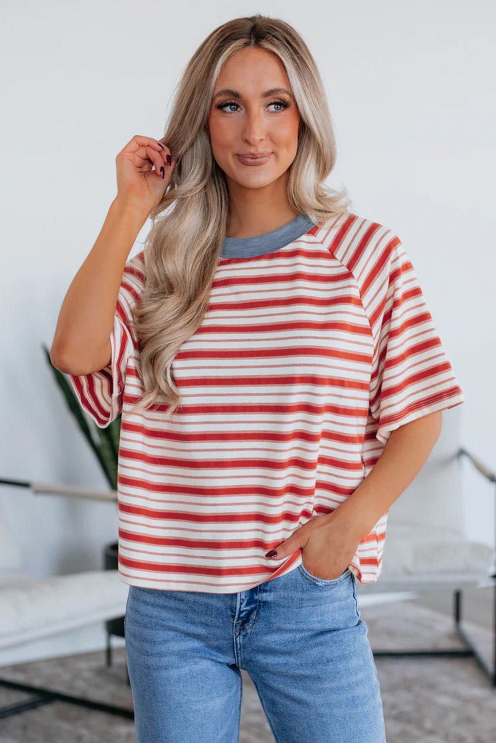 Tomato Red Striped Raglan Sleeve Contrast Neck T-Shirt - MAD RUFFI