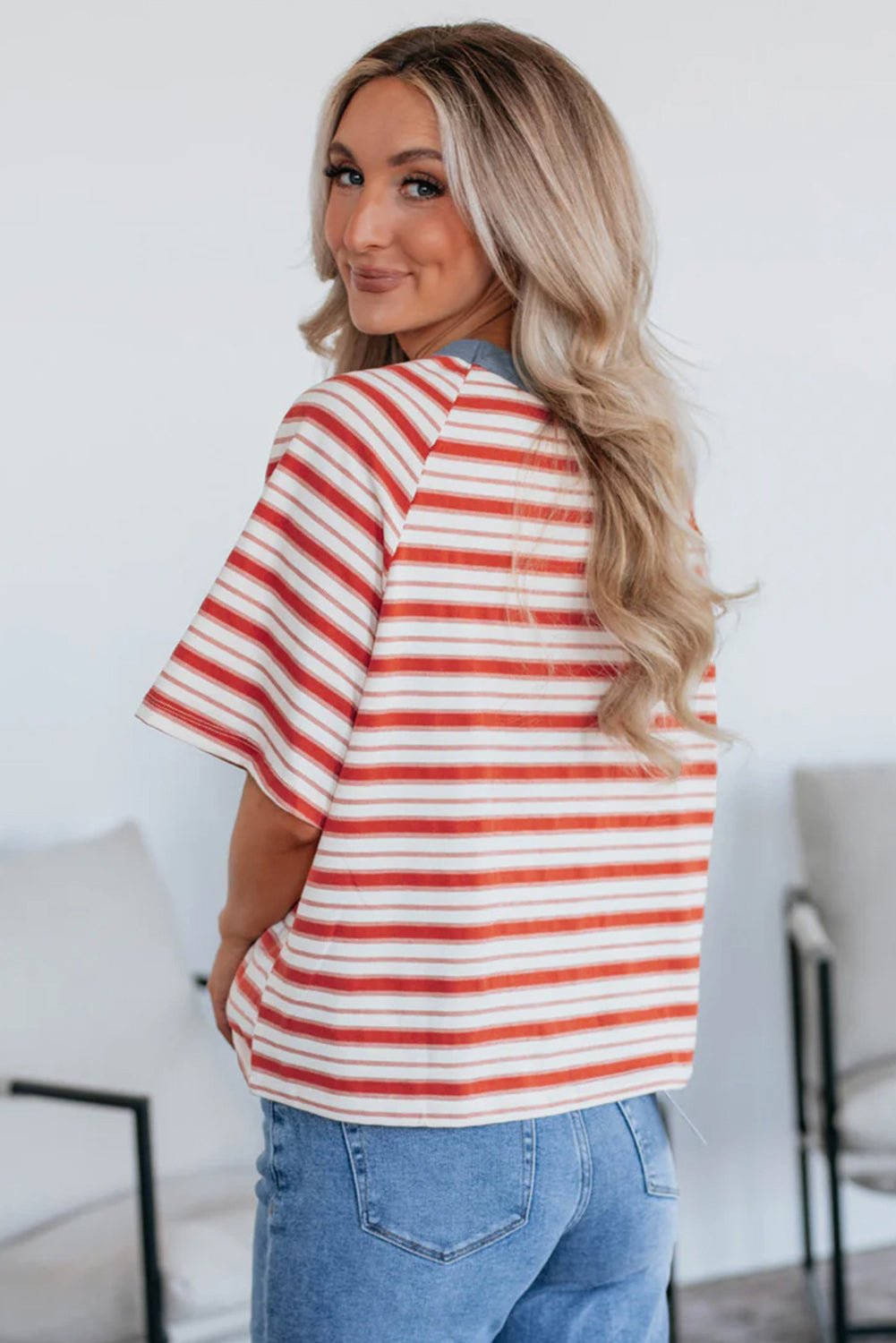 Tomato Red Striped Raglan Sleeve Contrast Neck T-Shirt - MAD RUFFI