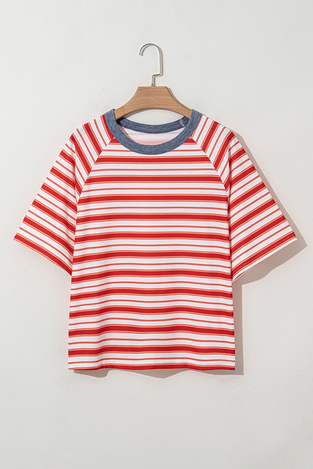 Tomato Red Striped Raglan Sleeve Contrast Neck T-Shirt - MAD RUFFI