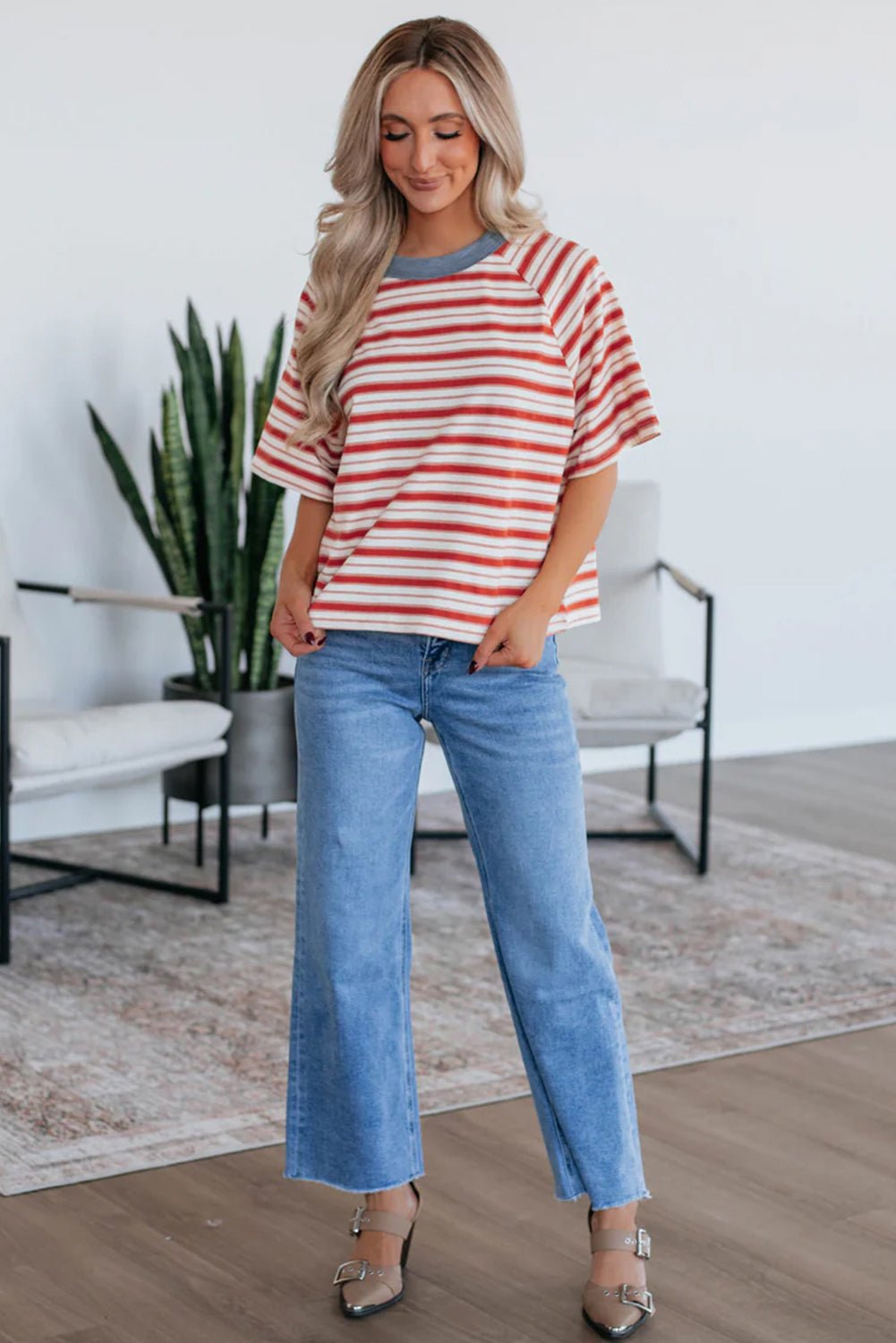 Tomato Red Striped Raglan Sleeve Contrast Neck T-Shirt - MAD RUFFI