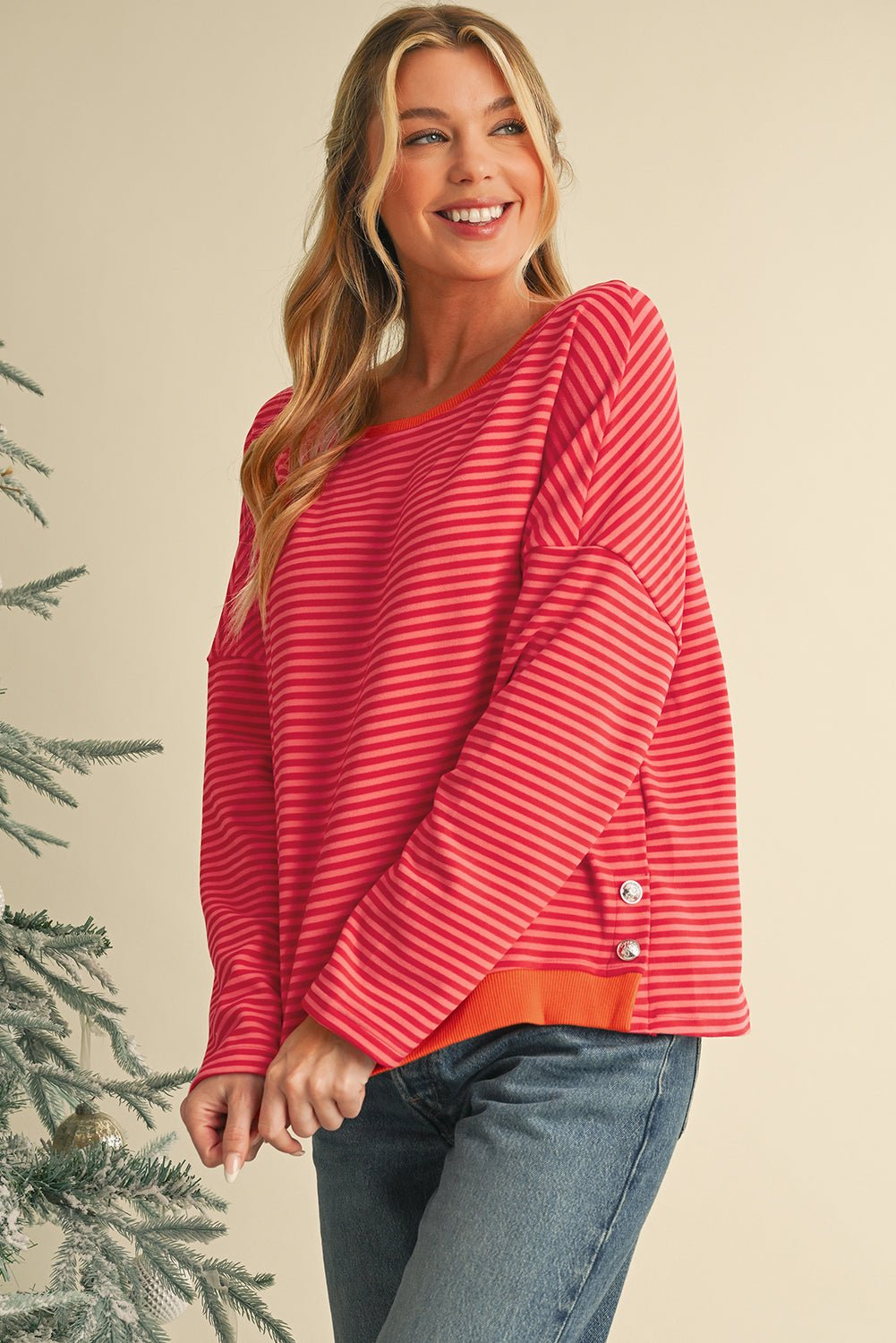 Tomato Red Two Tone Striped Side Buttons Drop Shoulder Top - MAD RUFFI