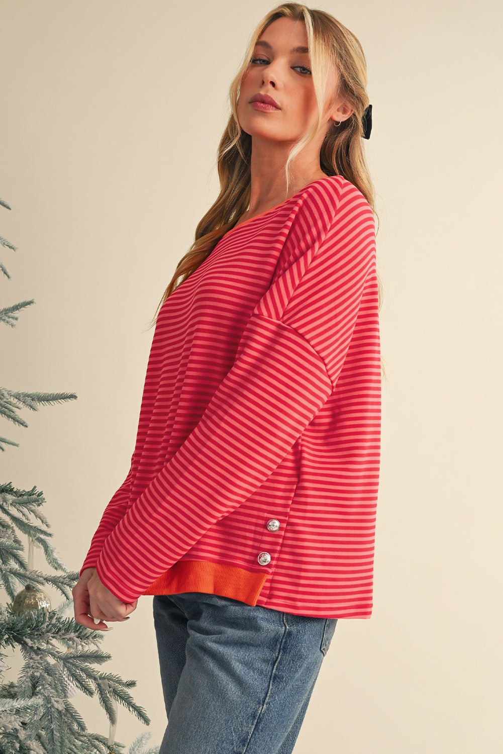 Tomato Red Two Tone Striped Side Buttons Drop Shoulder Top - MAD RUFFI