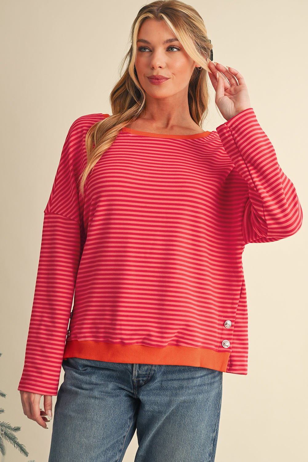 Tomato Red Two Tone Striped Side Buttons Drop Shoulder Top - MAD RUFFI