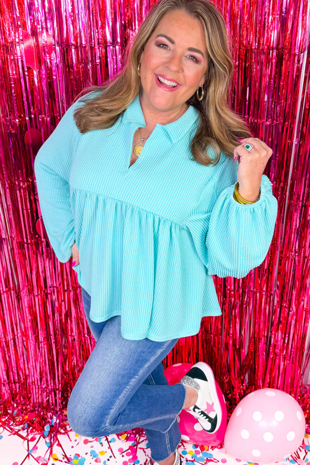 Turquoise Balloon Sleeve Corded Plus Babydoll Top - Plus Size Tops