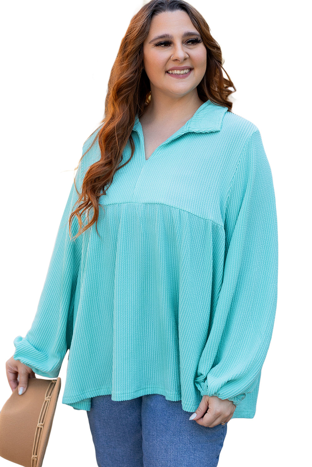 Turquoise Balloon Sleeve Corded Plus Babydoll Top - Plus Size Tops