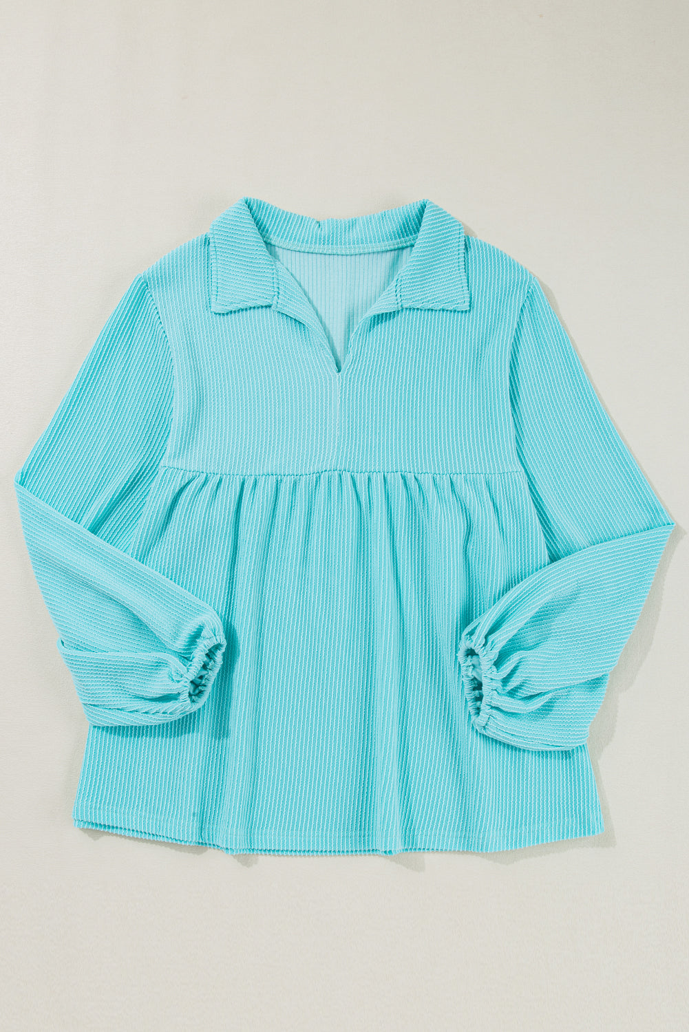 Turquoise Balloon Sleeve Corded Plus Babydoll Top - Plus Size Tops