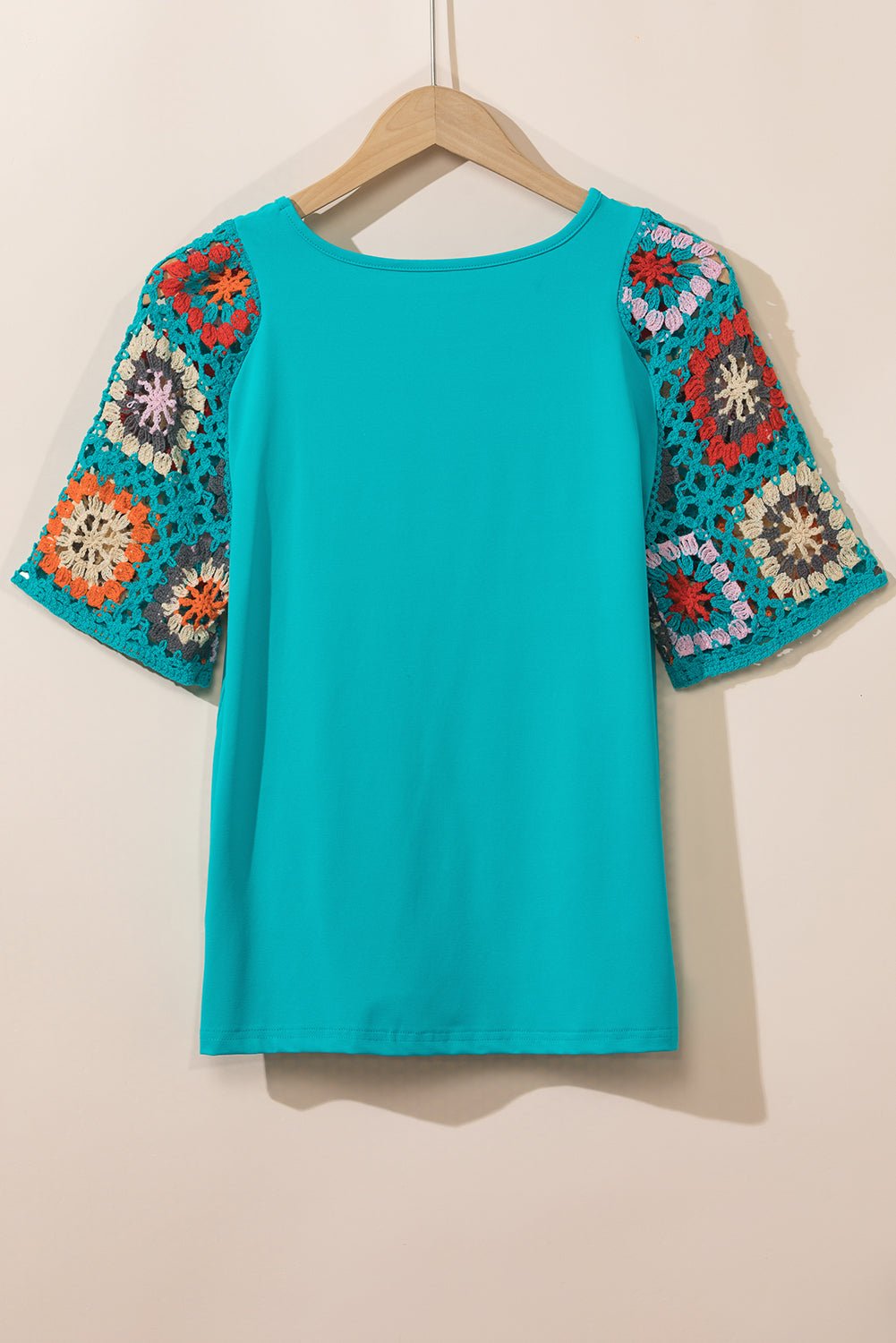 Turquoise Boho Hollowed Floral Crochet Sleeve T Shirt - MAD RUFFI