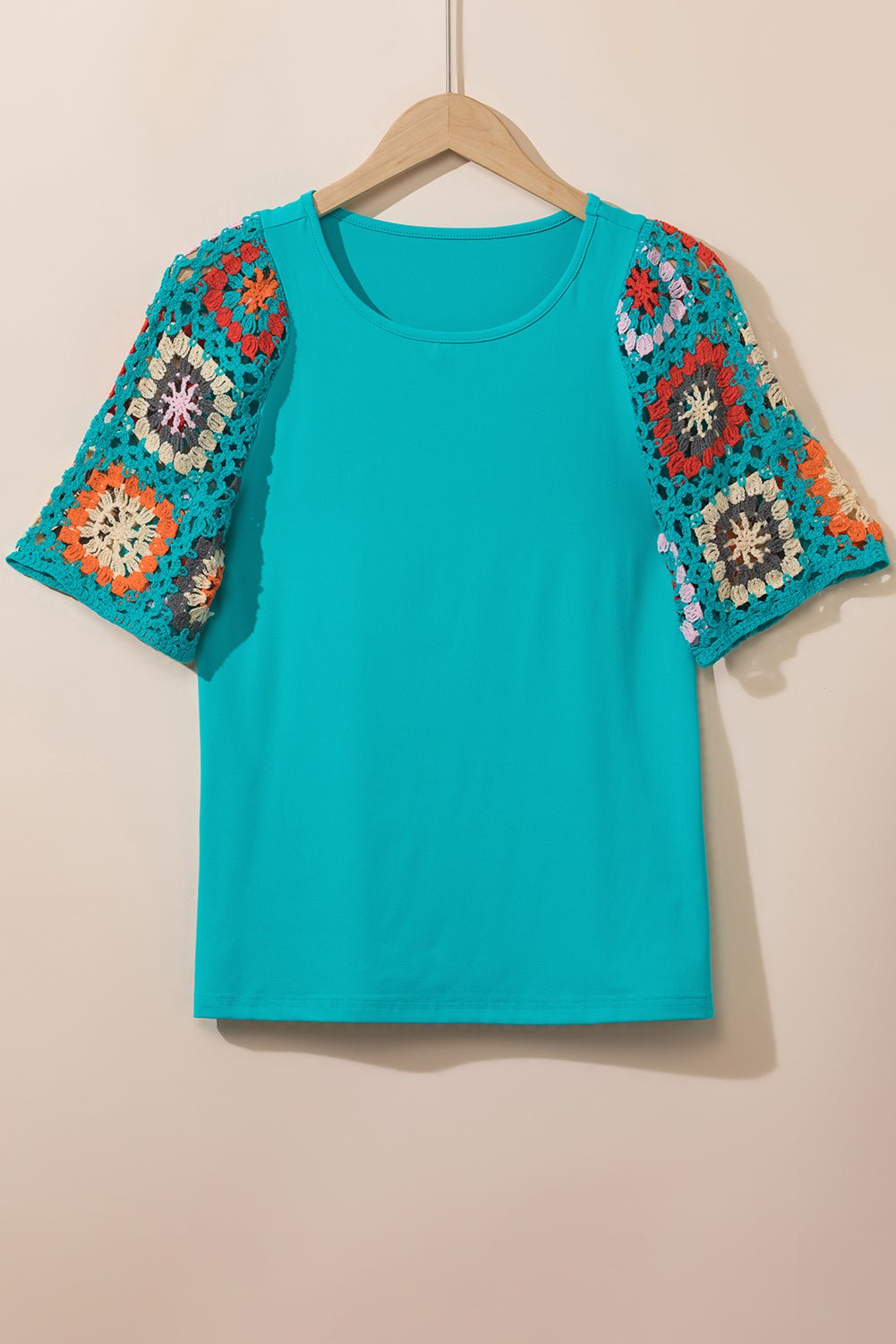 Turquoise Boho Hollowed Floral Crochet Sleeve T Shirt - MAD RUFFI