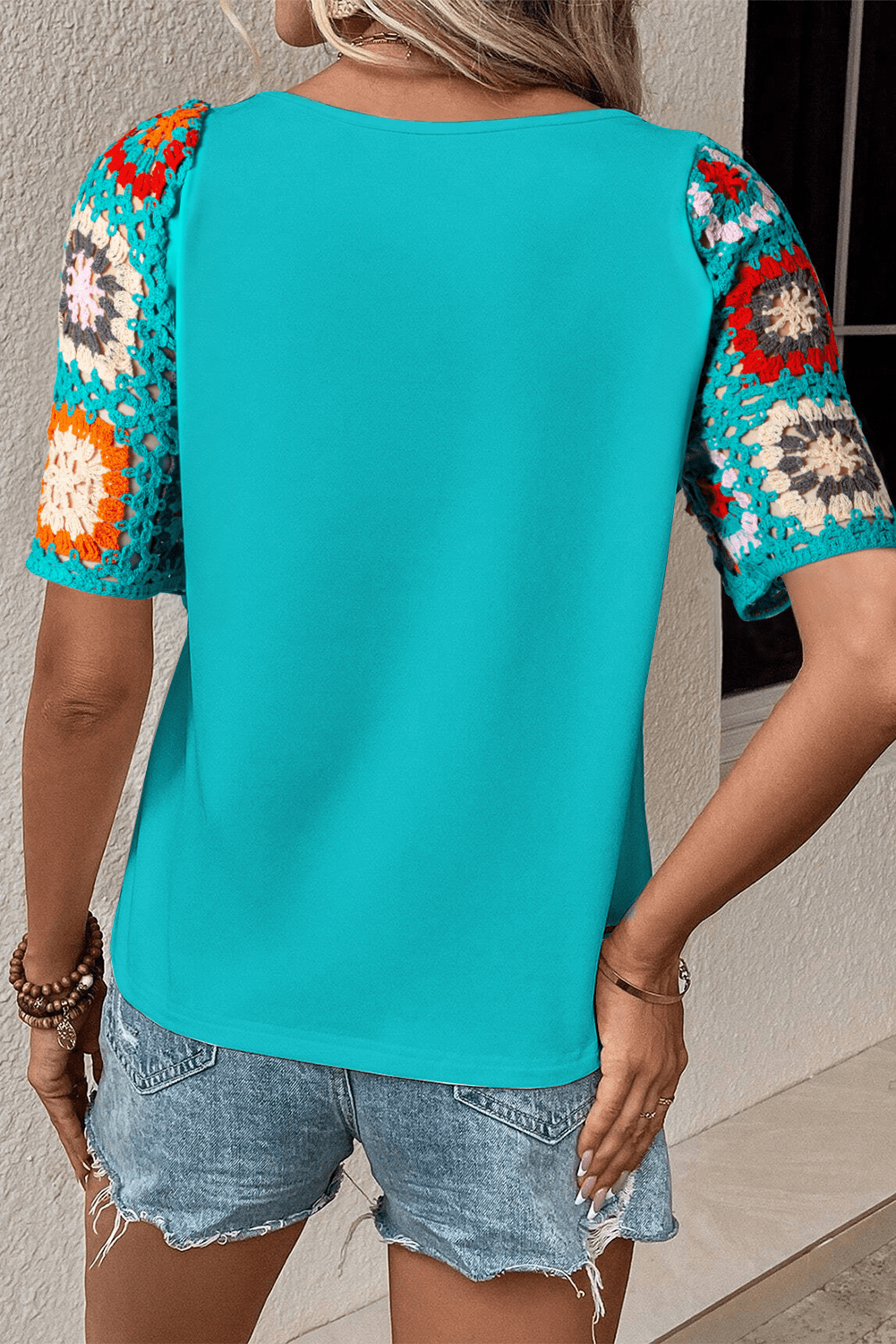 Turquoise Boho Hollowed Floral Crochet Sleeve T Shirt - MAD RUFFI