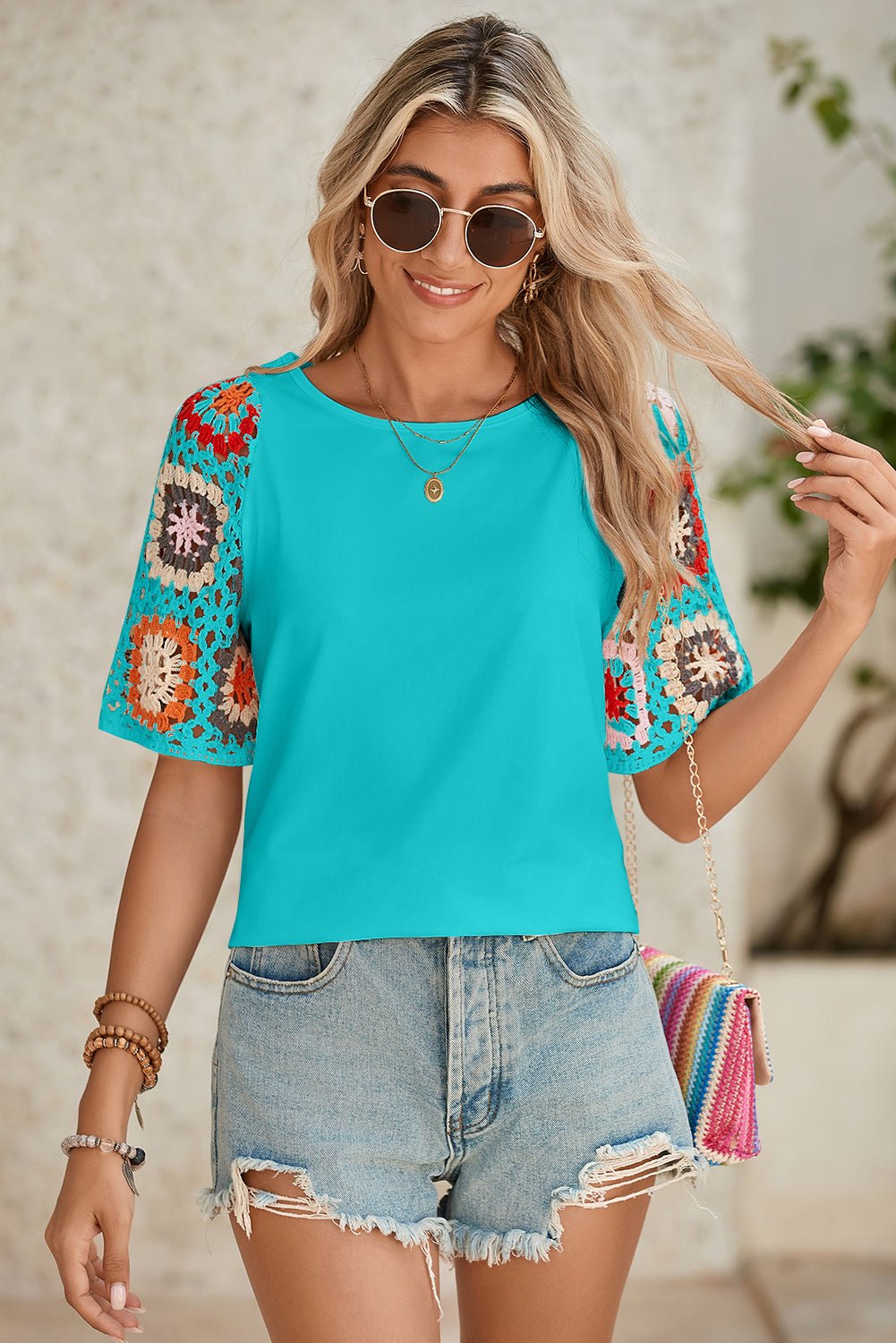 Turquoise Boho Hollowed Floral Crochet Sleeve T Shirt - MAD RUFFI
