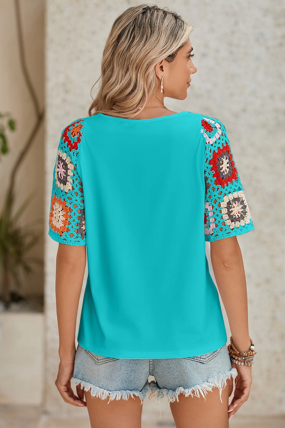 Turquoise Boho Hollowed Floral Crochet Sleeve T Shirt - MAD RUFFI
