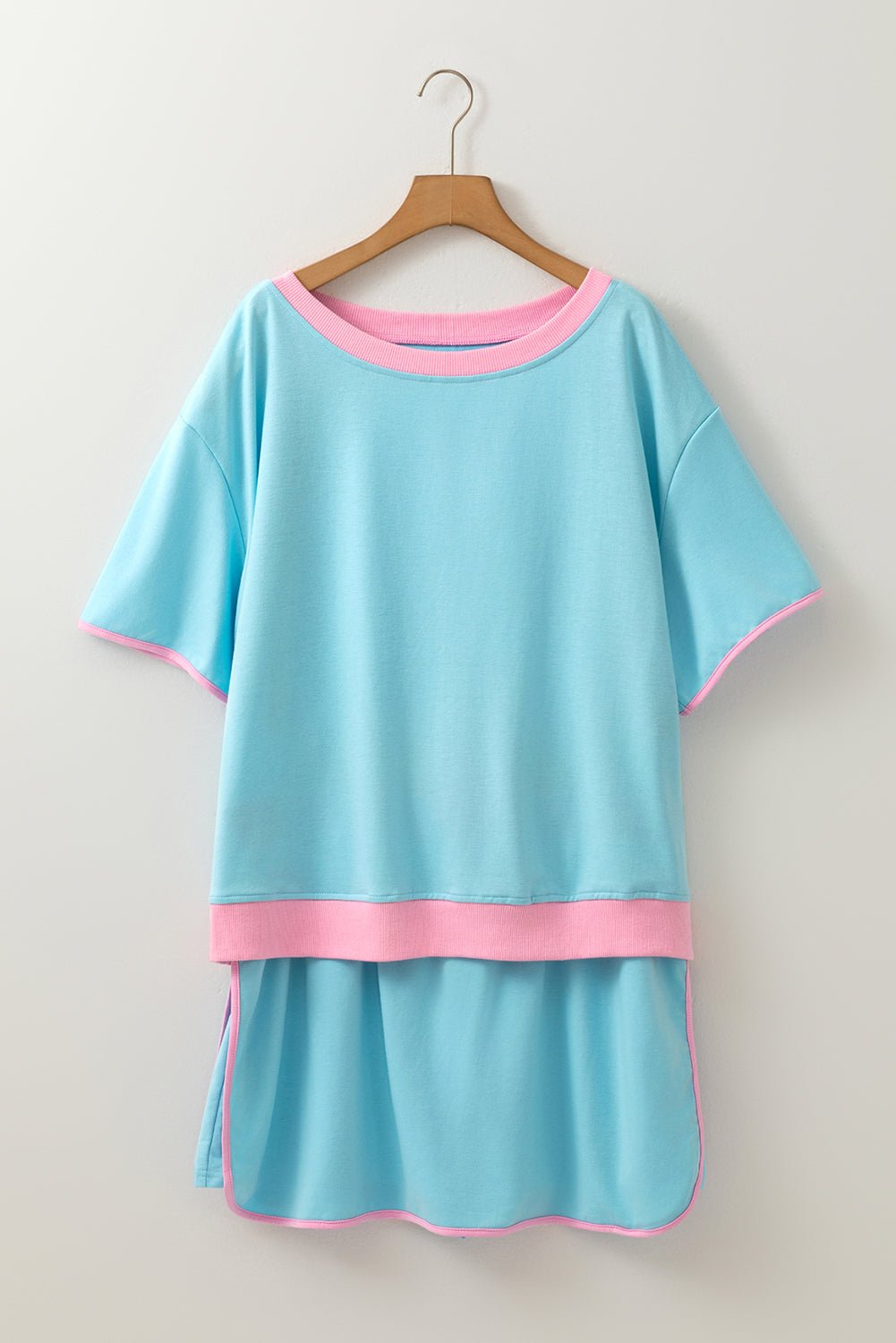 Turquoise Plus Size Contrast Trim T Shirt and Skort Two Piece Set - MAD RUFFI