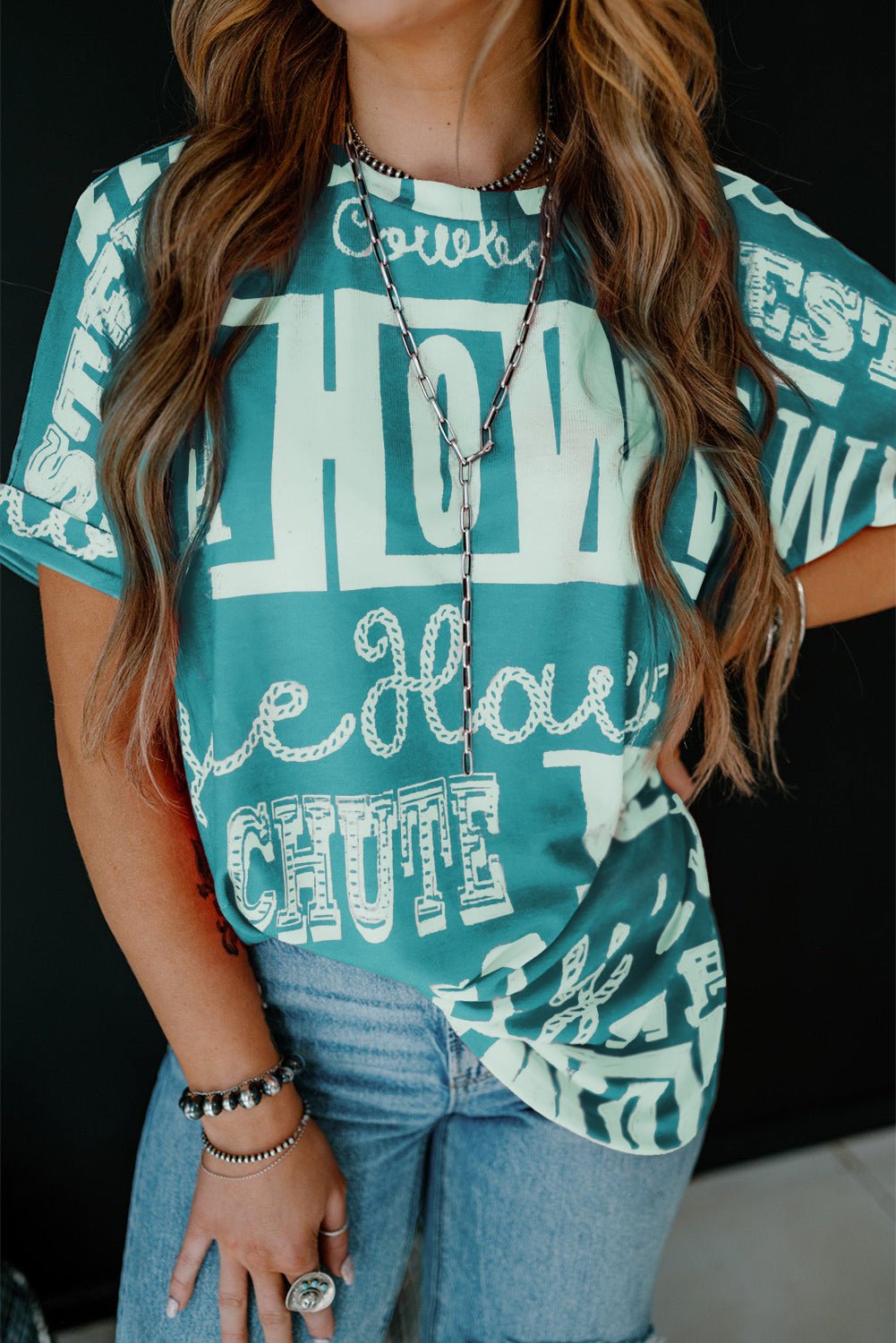 Turquoise Vintage Letter Print Graphic Loose Tee - MAD RUFFI