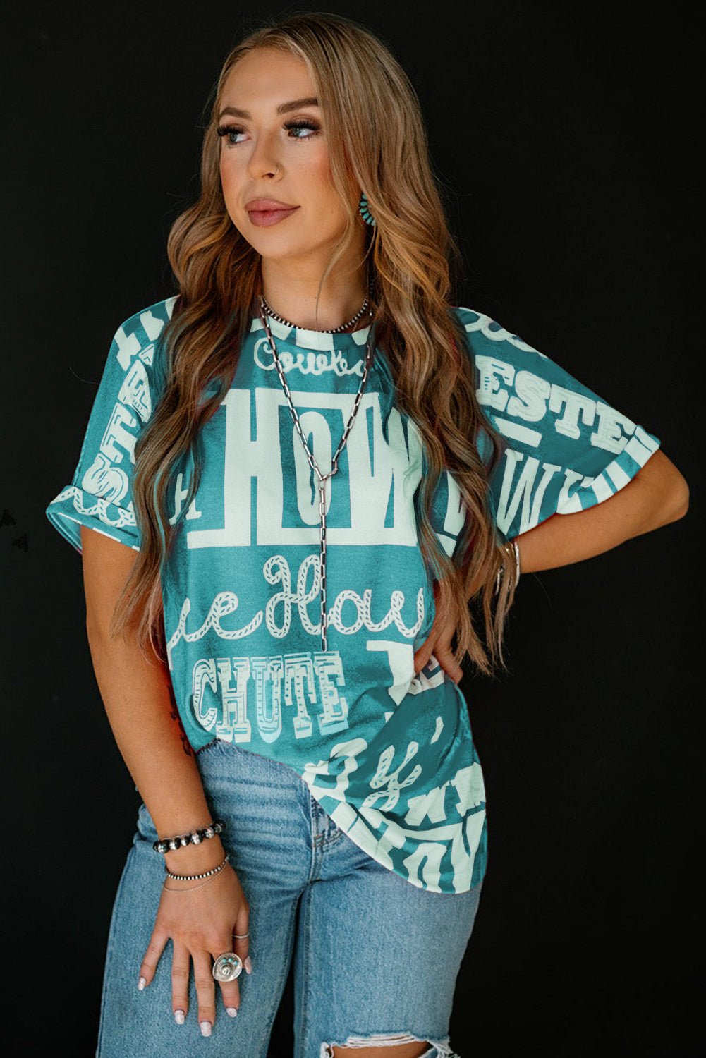 Turquoise Vintage Letter Print Graphic Loose Tee - MAD RUFFI