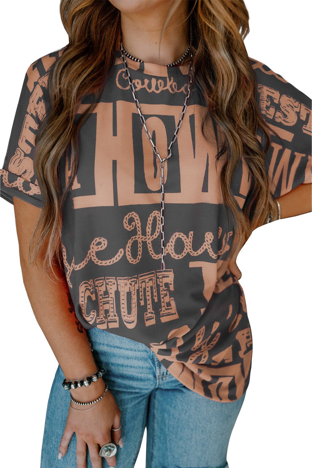 Turquoise Vintage Letter Print Graphic Loose Tee - MAD RUFFI