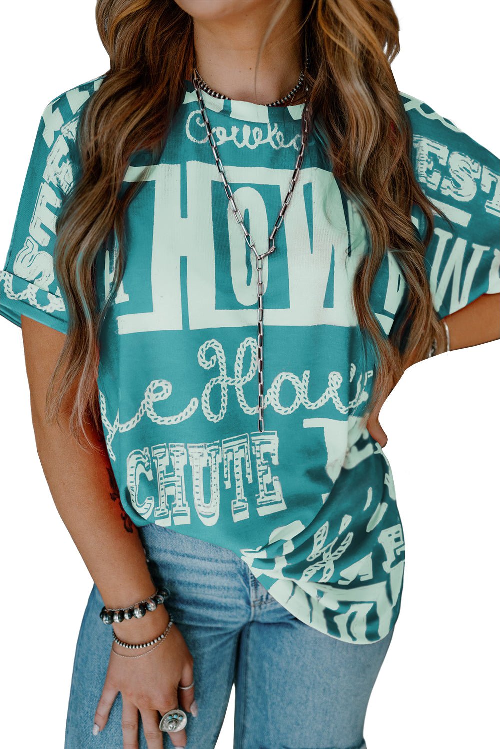 Turquoise Vintage Letter Print Graphic Loose Tee - MAD RUFFI