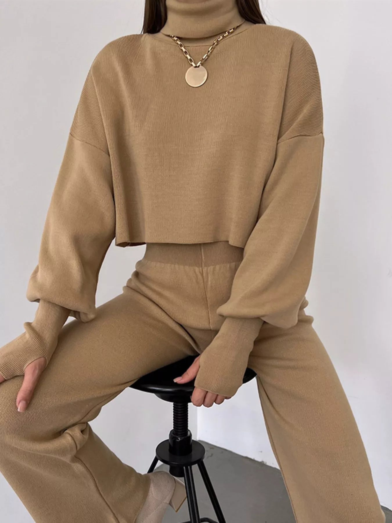 Turtleneck Long Sleeve Top & Pants Set - MAD RUFFI