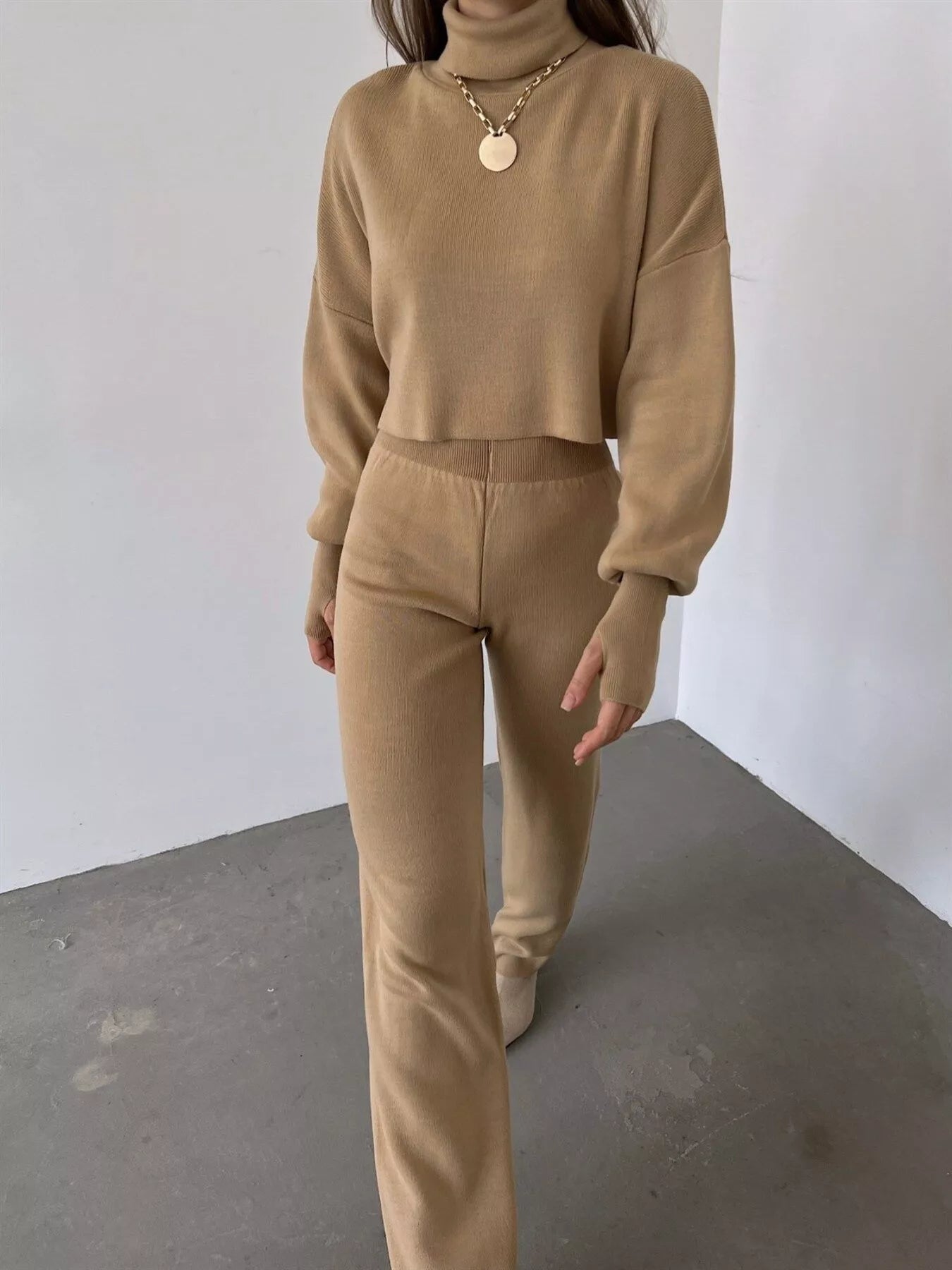Turtleneck Long Sleeve Top & Pants Set - MAD RUFFI