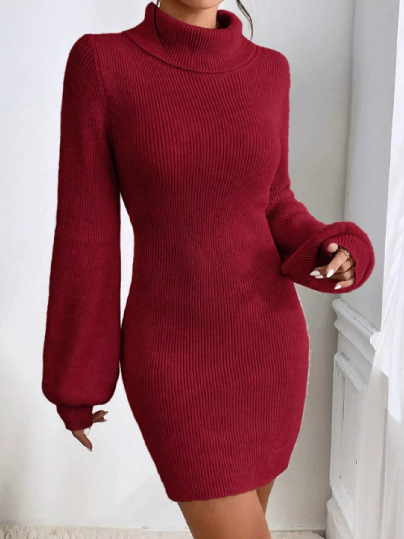 Turtleneck Ribbed Knit Sweater Dress - MAD RUFFI