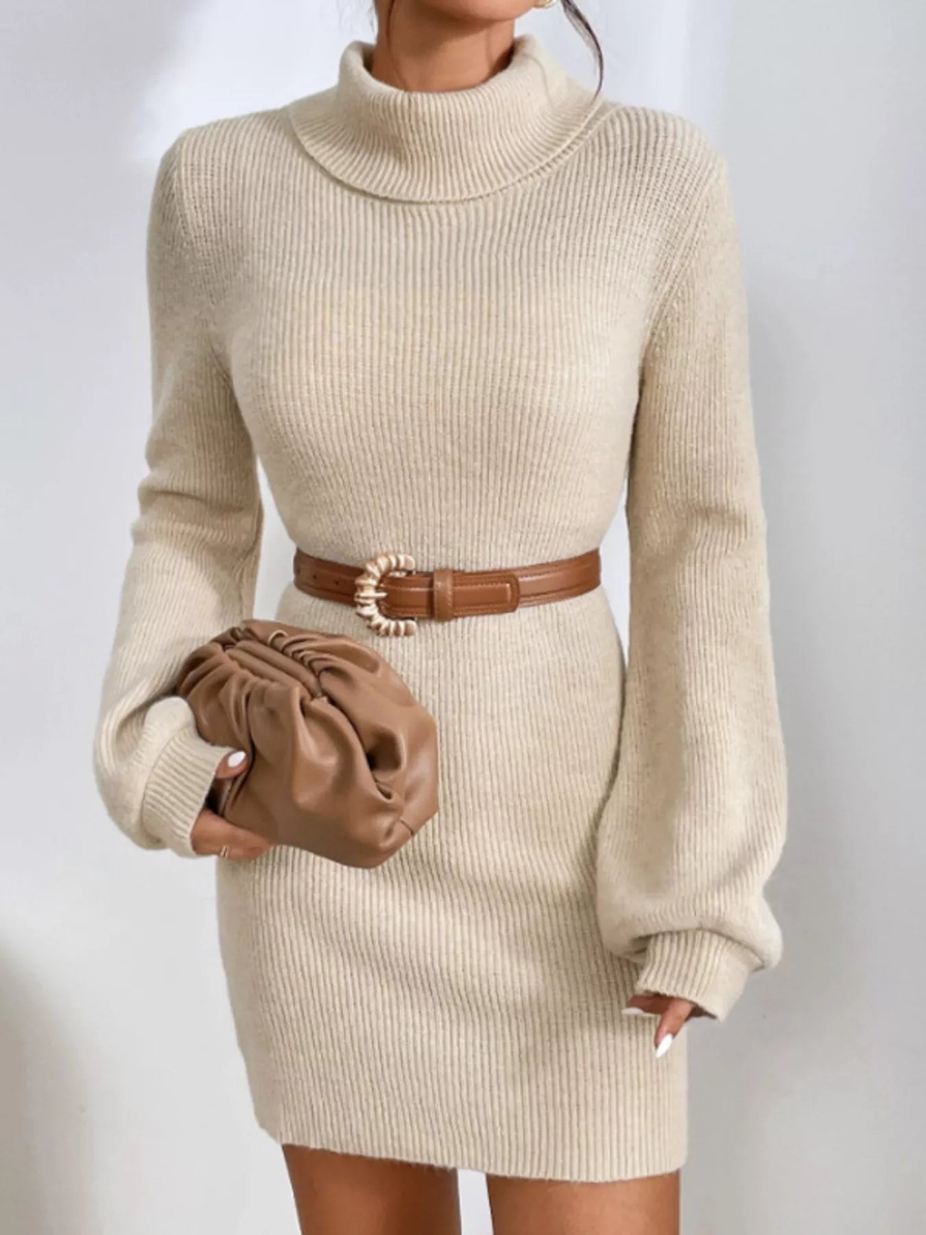 Turtleneck Ribbed Knit Sweater Dress - MAD RUFFI