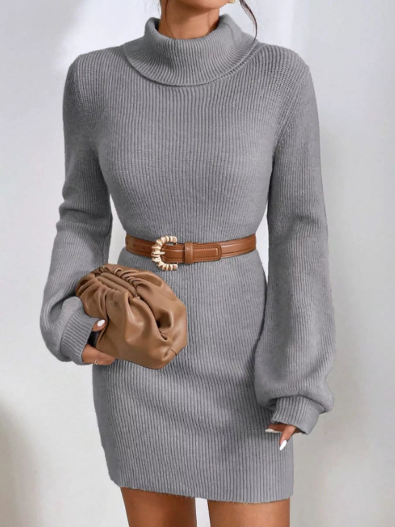 Turtleneck Ribbed Knit Sweater Dress - MAD RUFFI