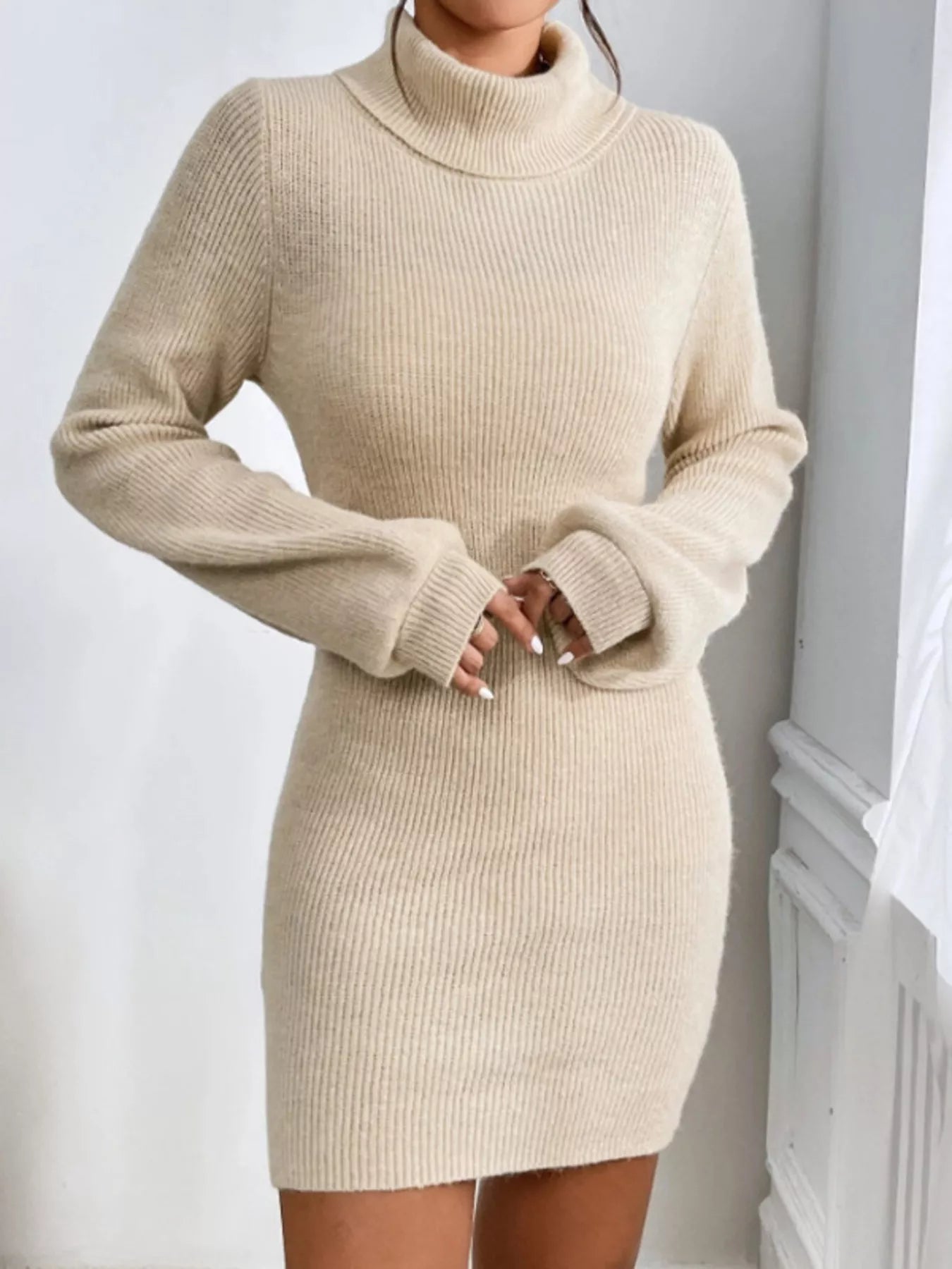 Turtleneck Ribbed Knit Sweater Dress - MAD RUFFI