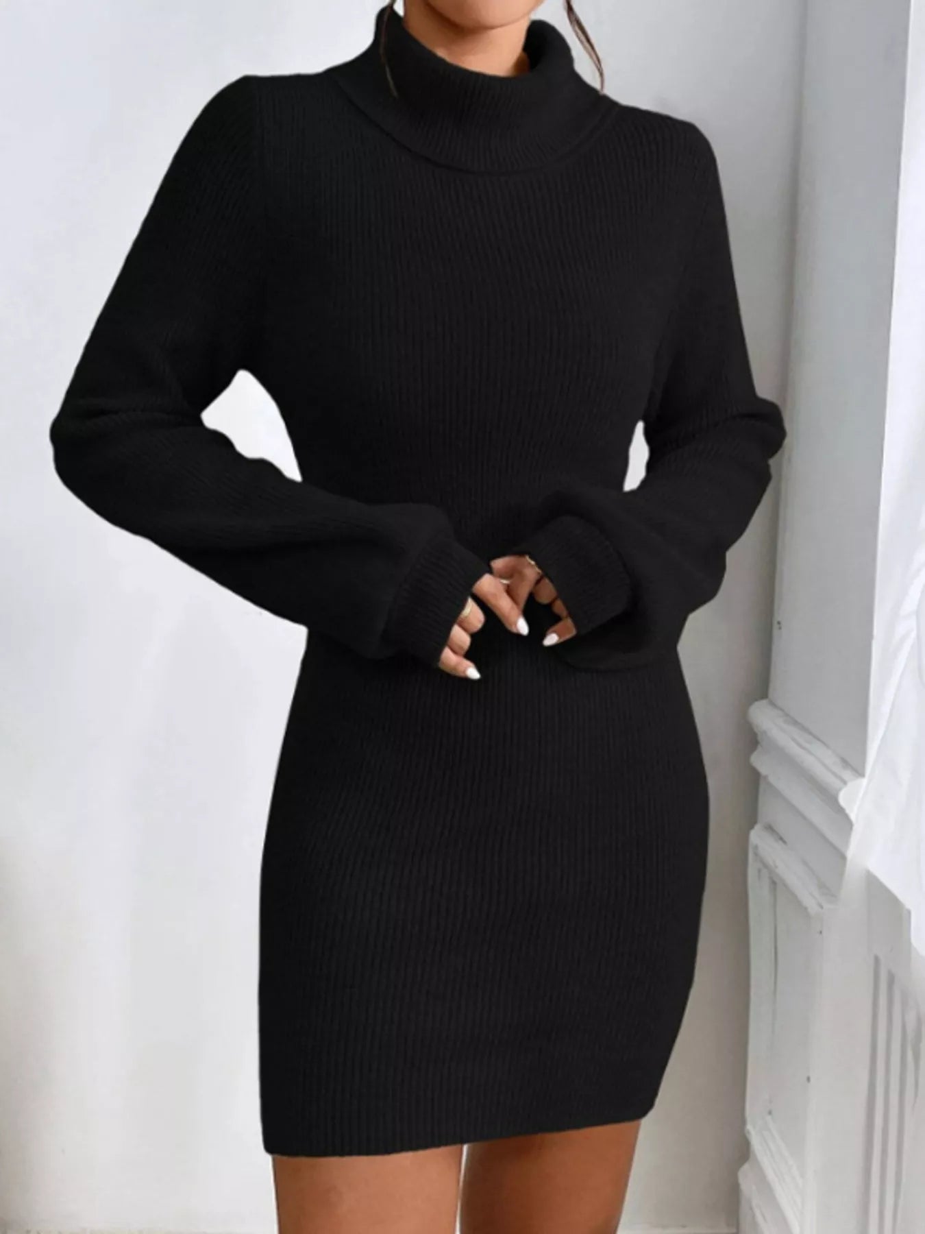 Turtleneck Ribbed Knit Sweater Dress - MAD RUFFI