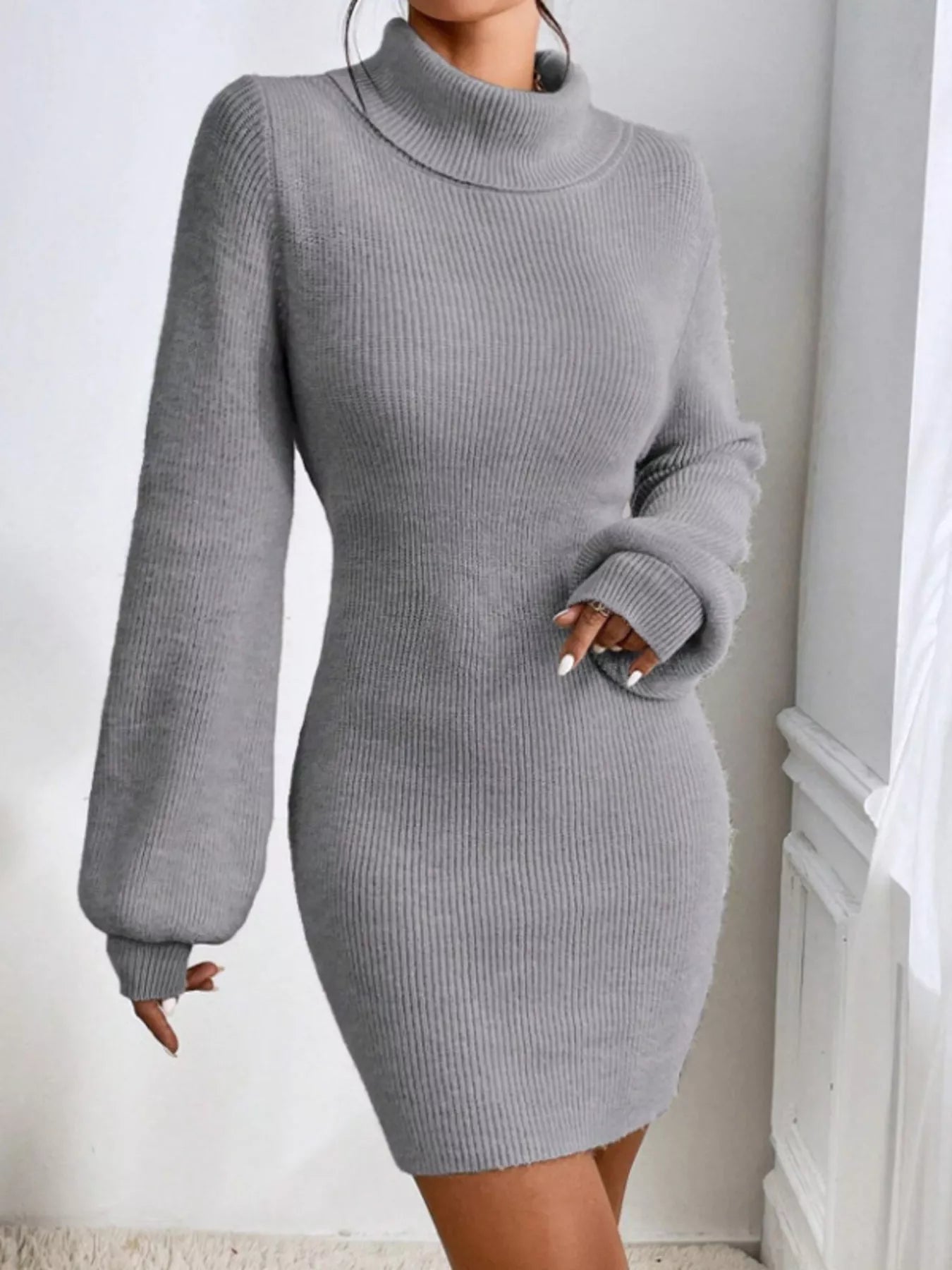 Turtleneck Ribbed Knit Sweater Dress - MAD RUFFI