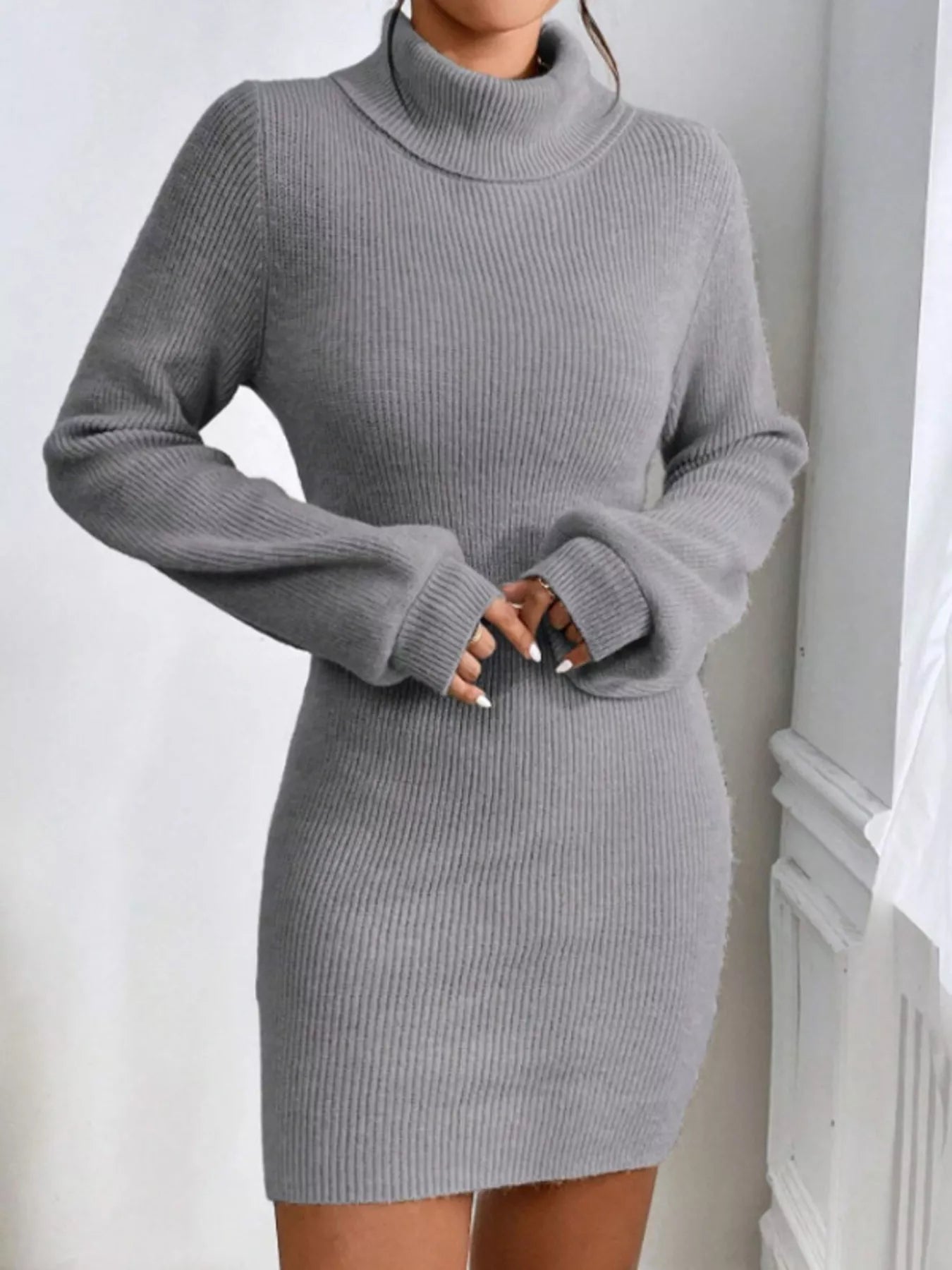 Turtleneck Ribbed Knit Sweater Dress - MAD RUFFI