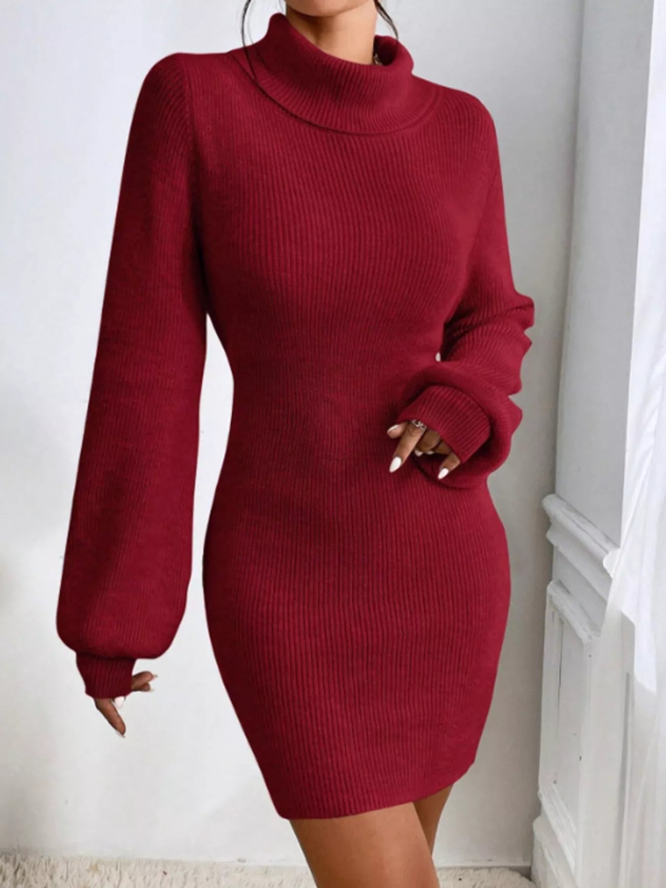 Turtleneck Ribbed Knit Sweater Dress - MAD RUFFI