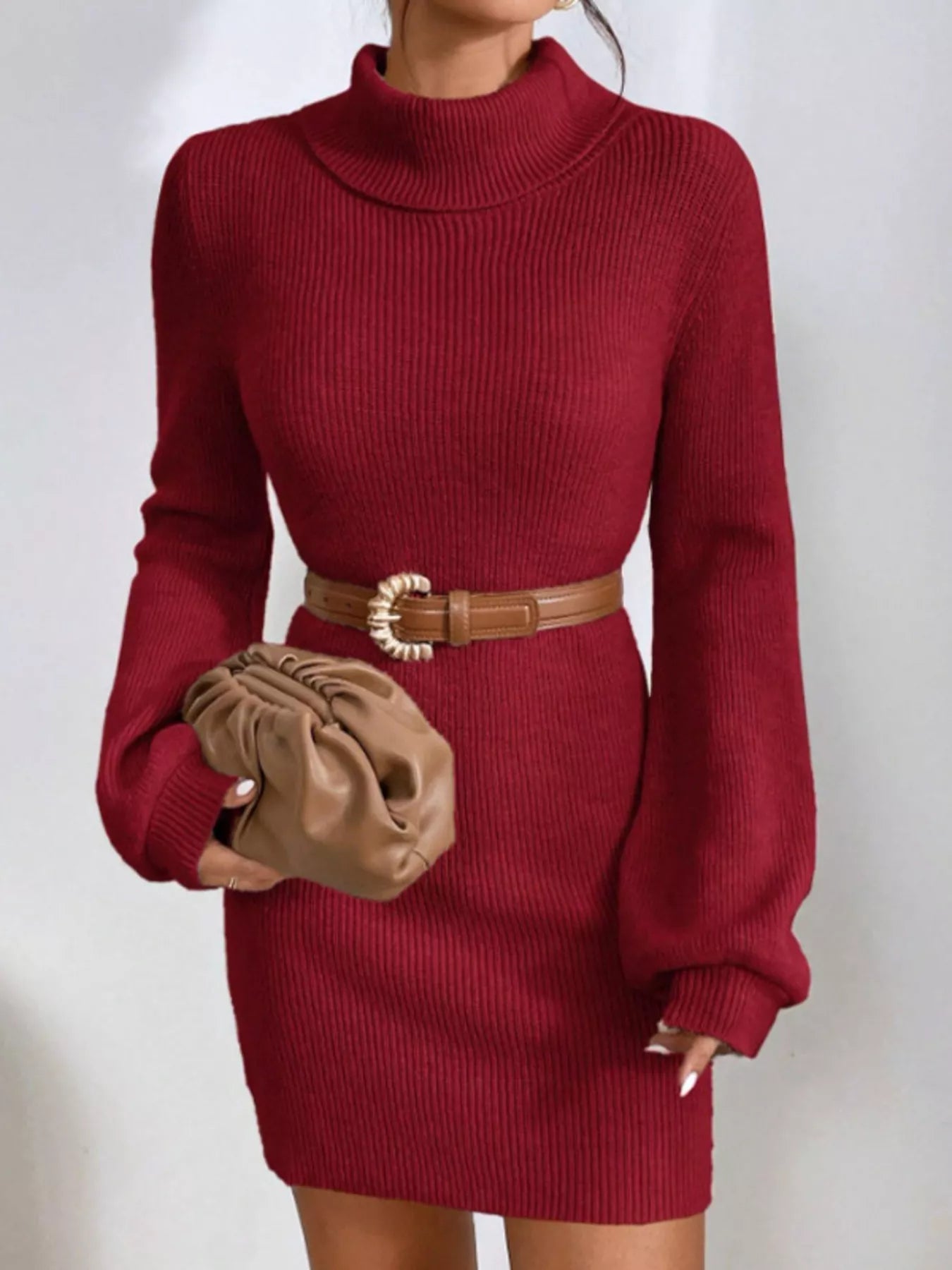Turtleneck Ribbed Knit Sweater Dress - MAD RUFFI