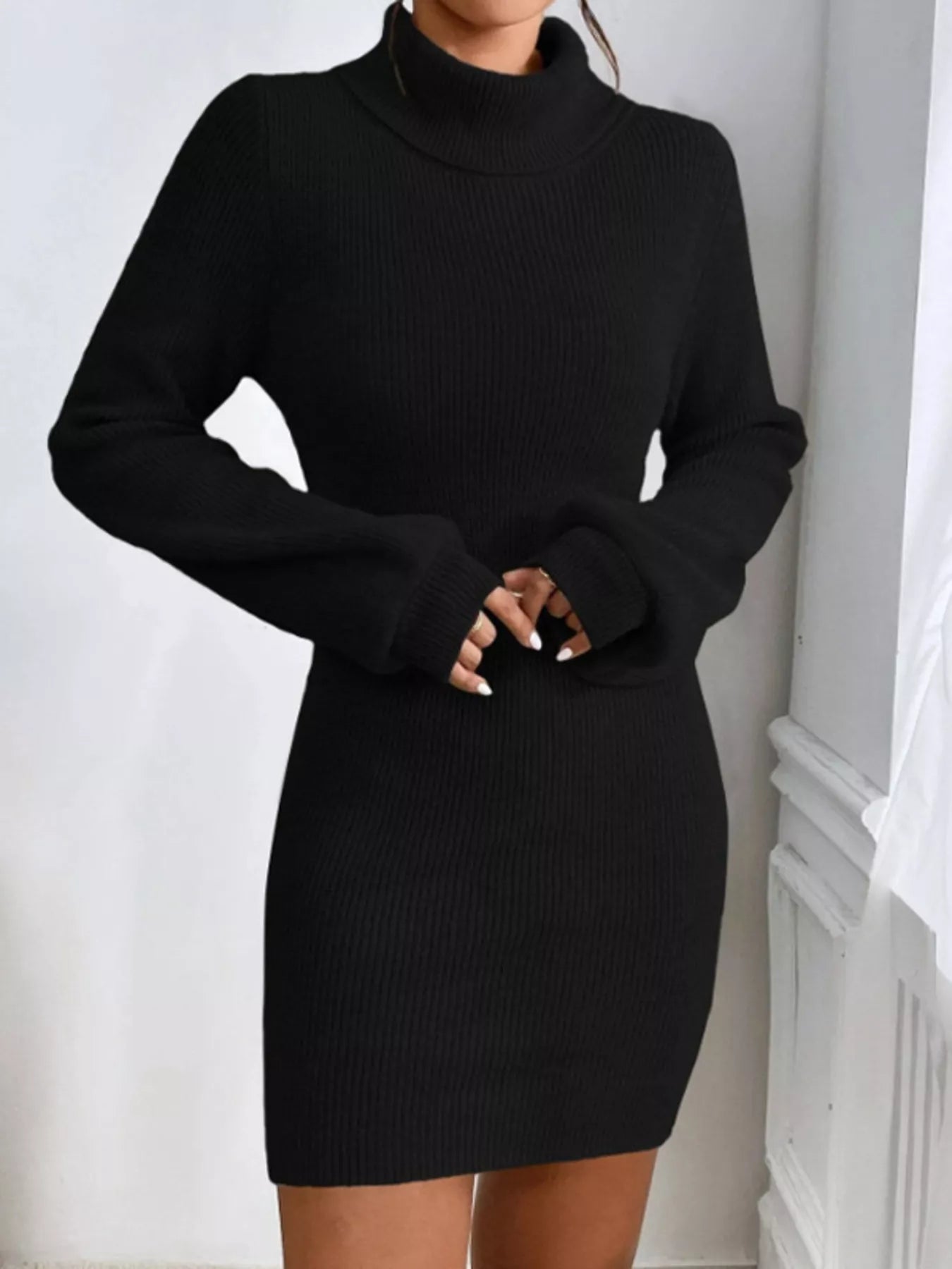 Turtleneck Ribbed Knit Sweater Dress - MAD RUFFI