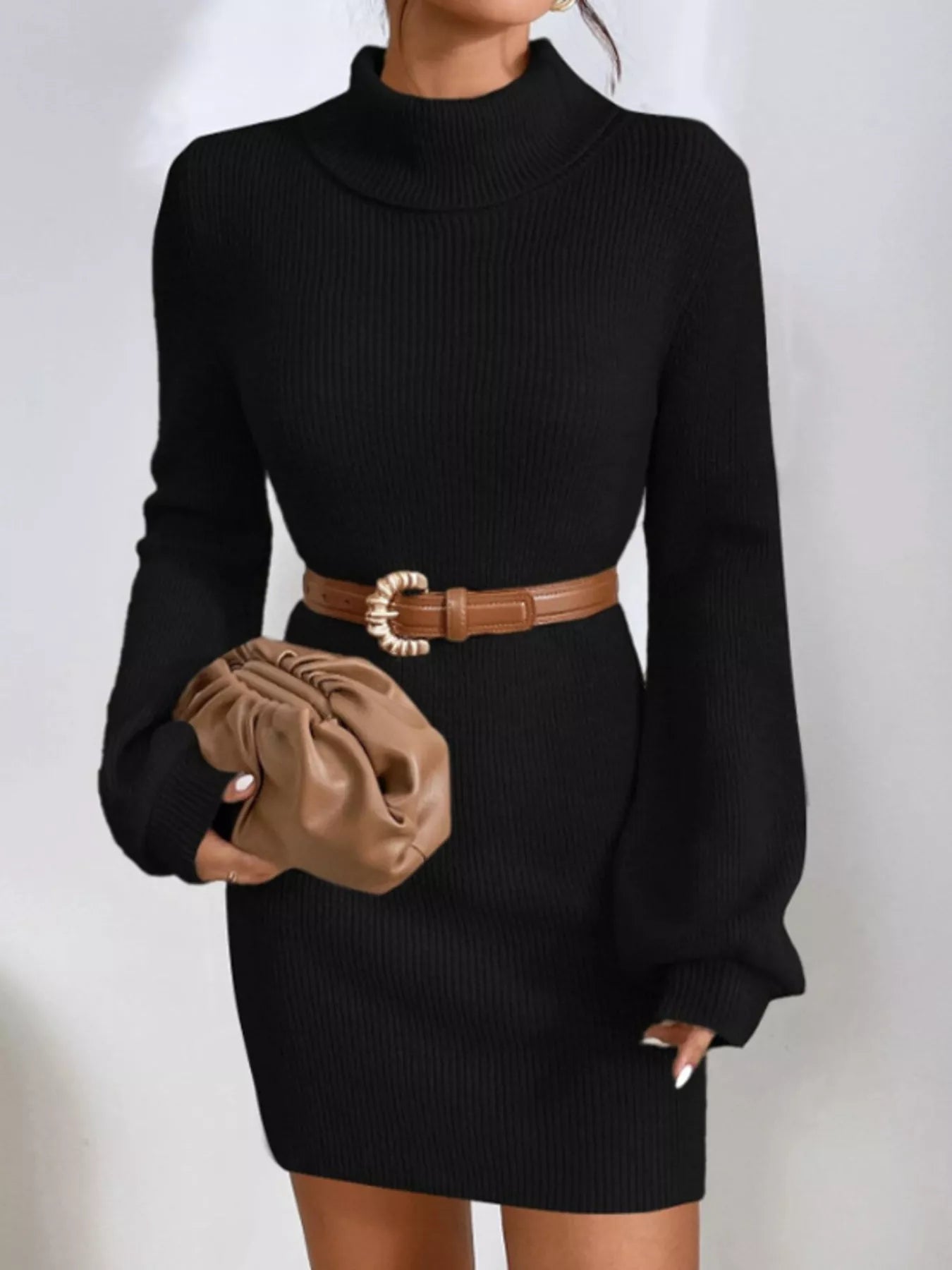 Turtleneck Ribbed Knit Sweater Dress - MAD RUFFI