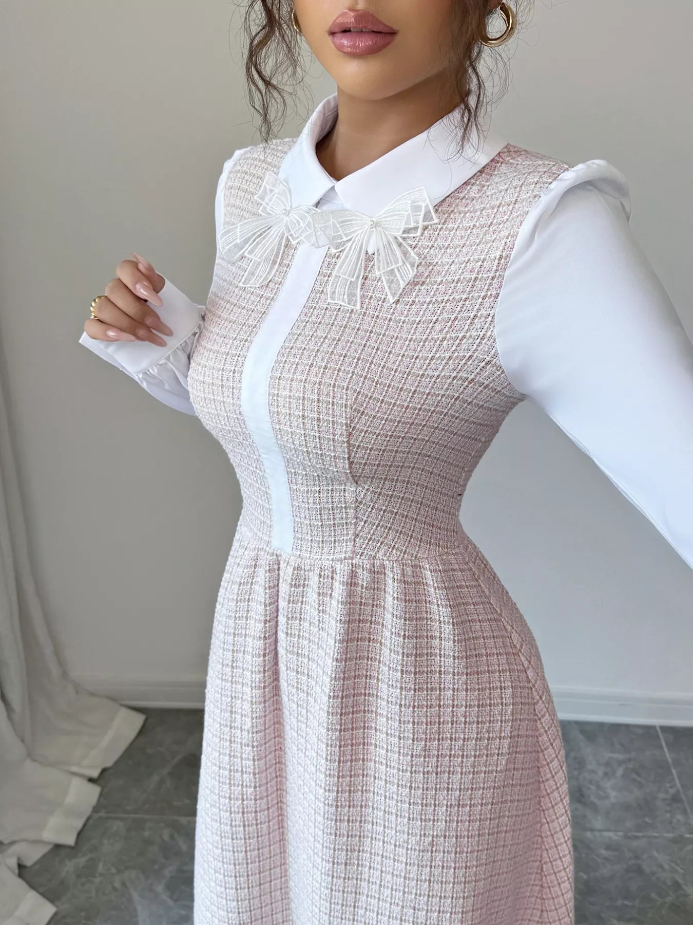 Tweed Long Sleeve A - Line Midi Dress - MAD RUFFI