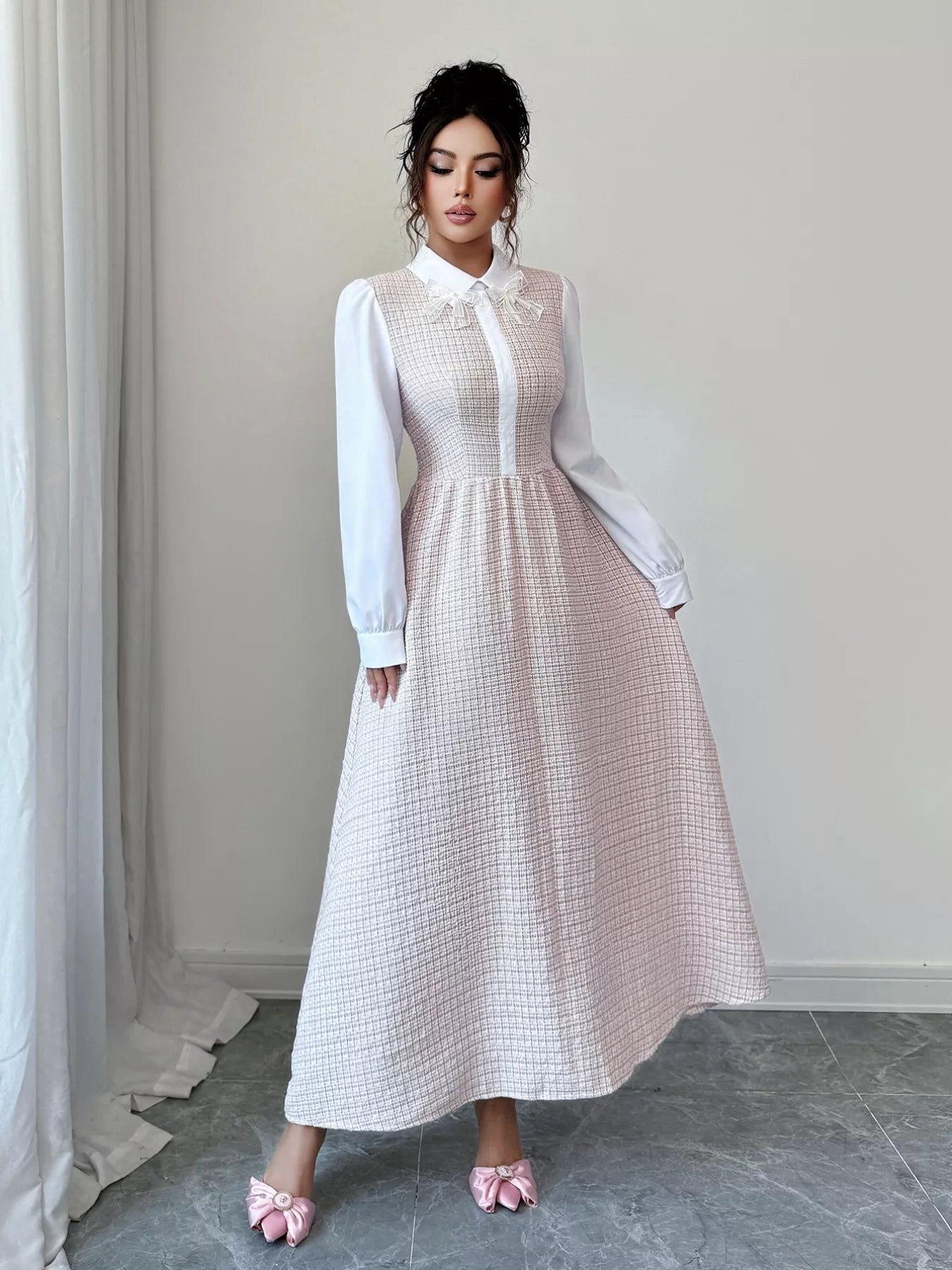 Tweed Long Sleeve A - Line Midi Dress - MAD RUFFI